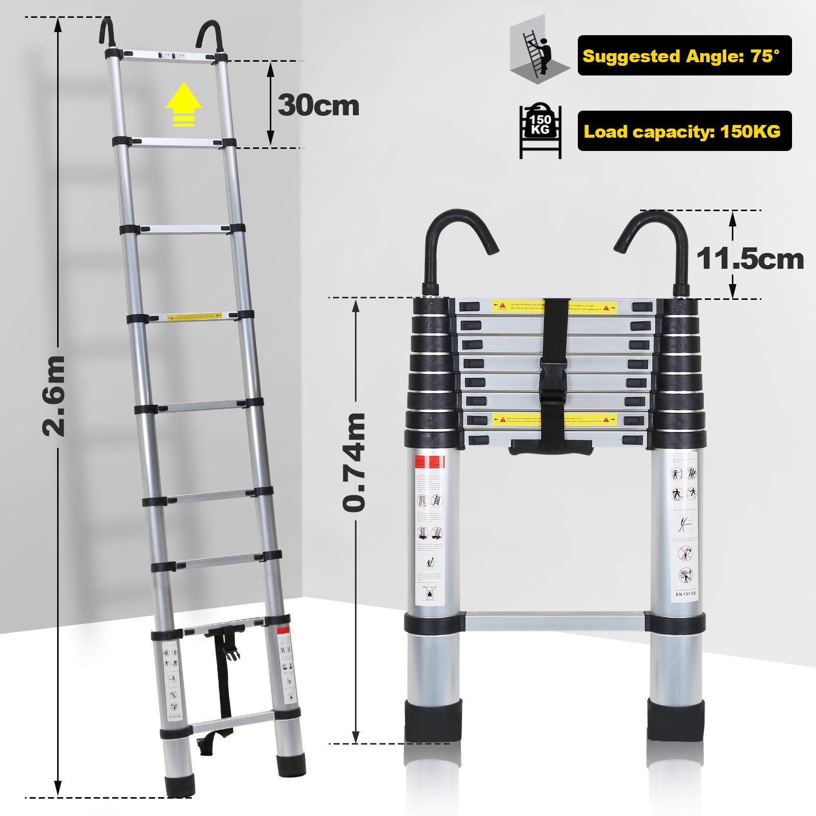 Échelle télescopique avec échelle à rallonge à crochet jusqu'à 150 kg escabeau en aluminium stable argent argent 2,6 m - 5