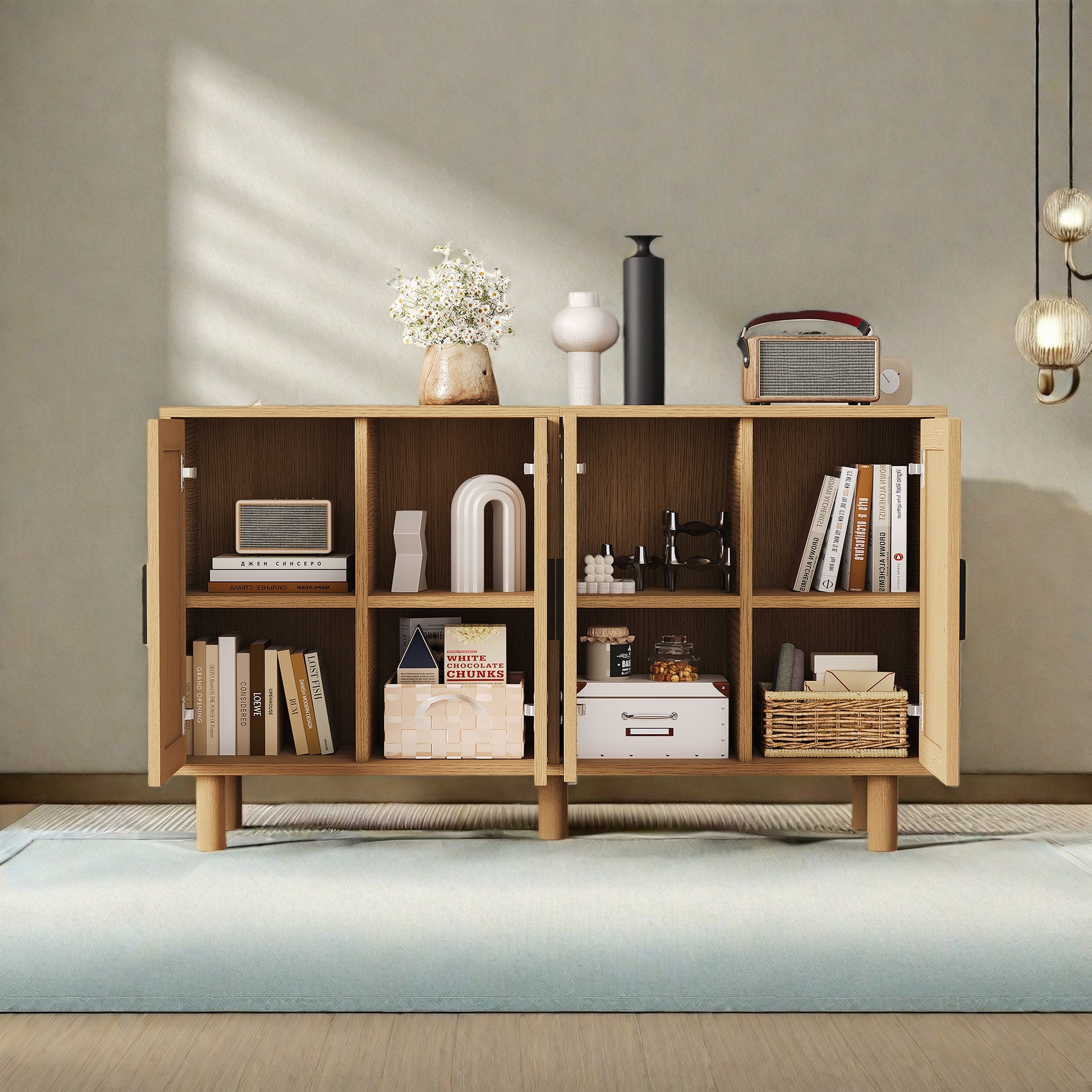 Buffet, meuble de rangement en bois chêne, avec 4 portes , meuble de rangement pour le salon, portes à motif tressé - 2