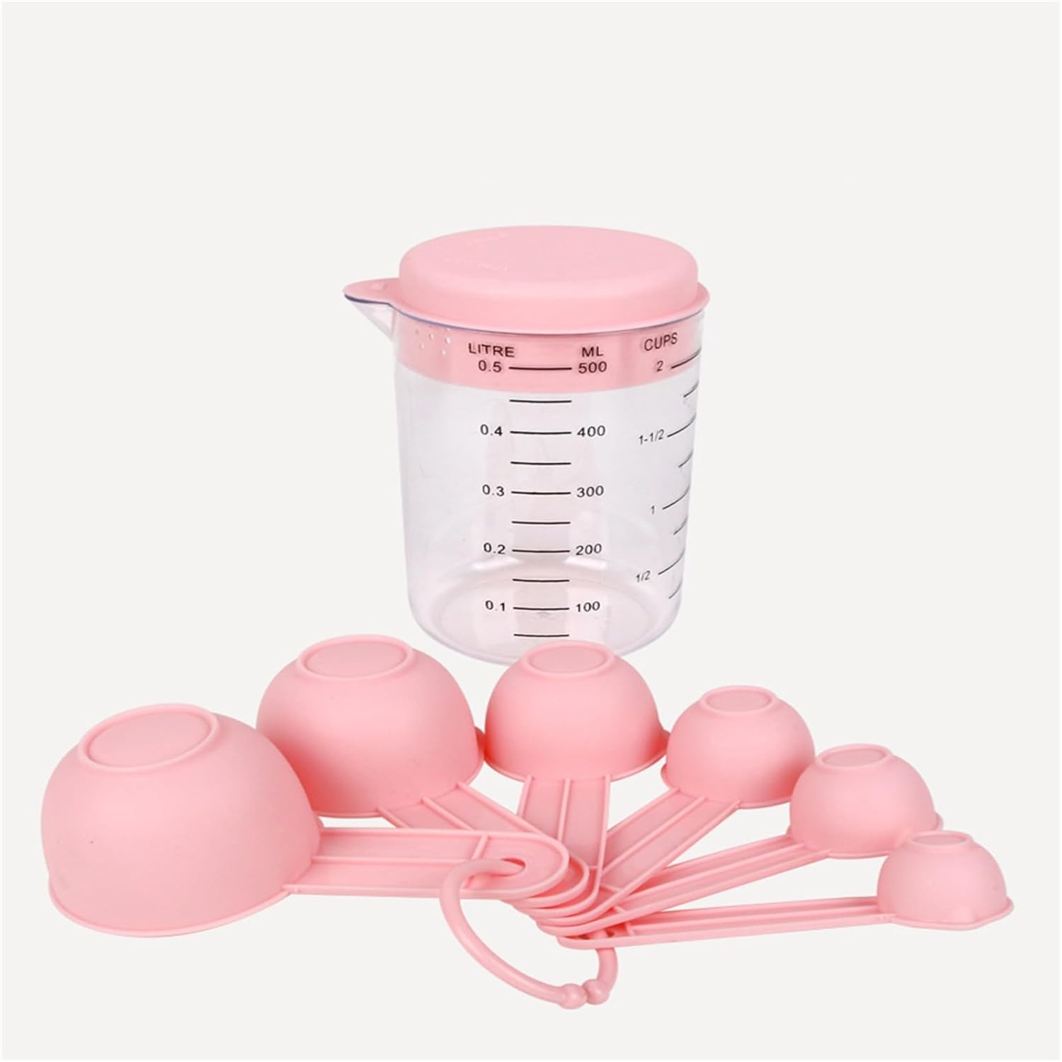 Zestaw 7 plastikowych kubków miarowych i łyżek z przezroczystymi oznaczeniami, pojemność 500 ml, idealny do mąki do pieczenia (różowy) - 2