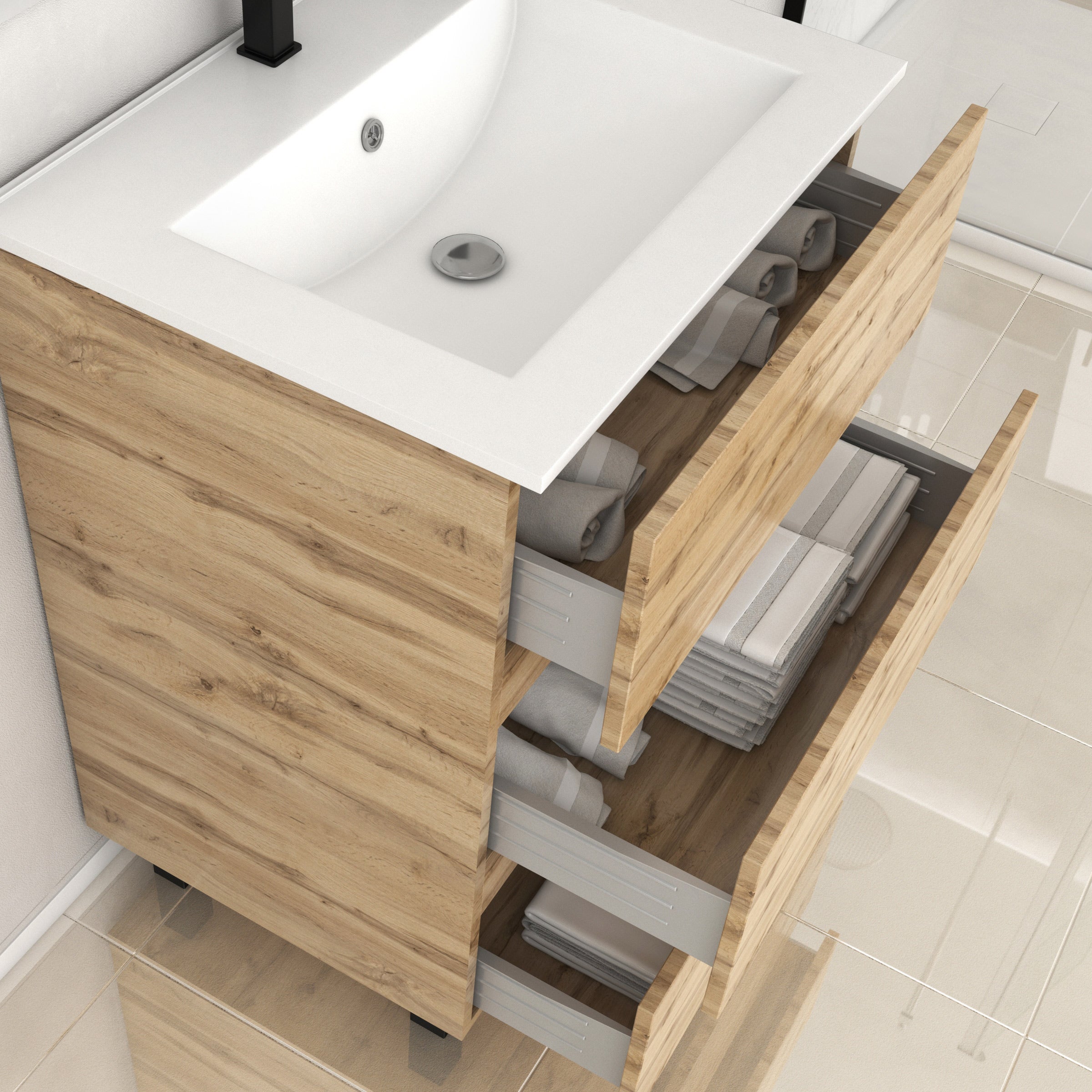 Meuble de salle de bains 60cm 3 Tiroirs_Chêne Naturel + Vasque céramique blanche - TIMBER 60 - 2