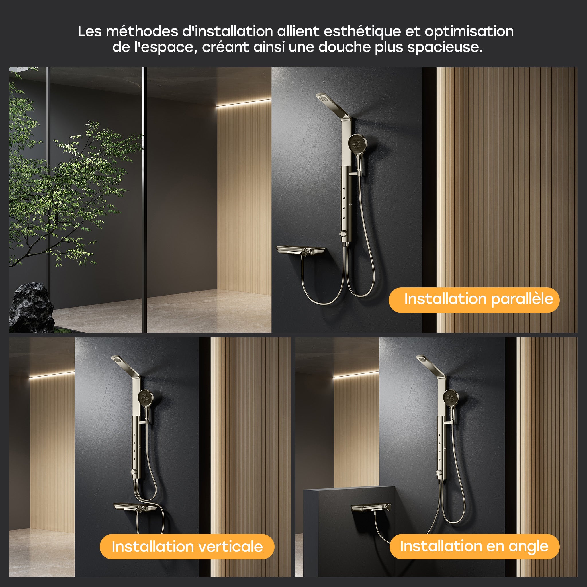 HOROW Sistema de ducha con termostato, gris, panel de ducha con cabezal de ducha plegable, completo de ducha, 4 funciones de masaje, altura regulable - 7