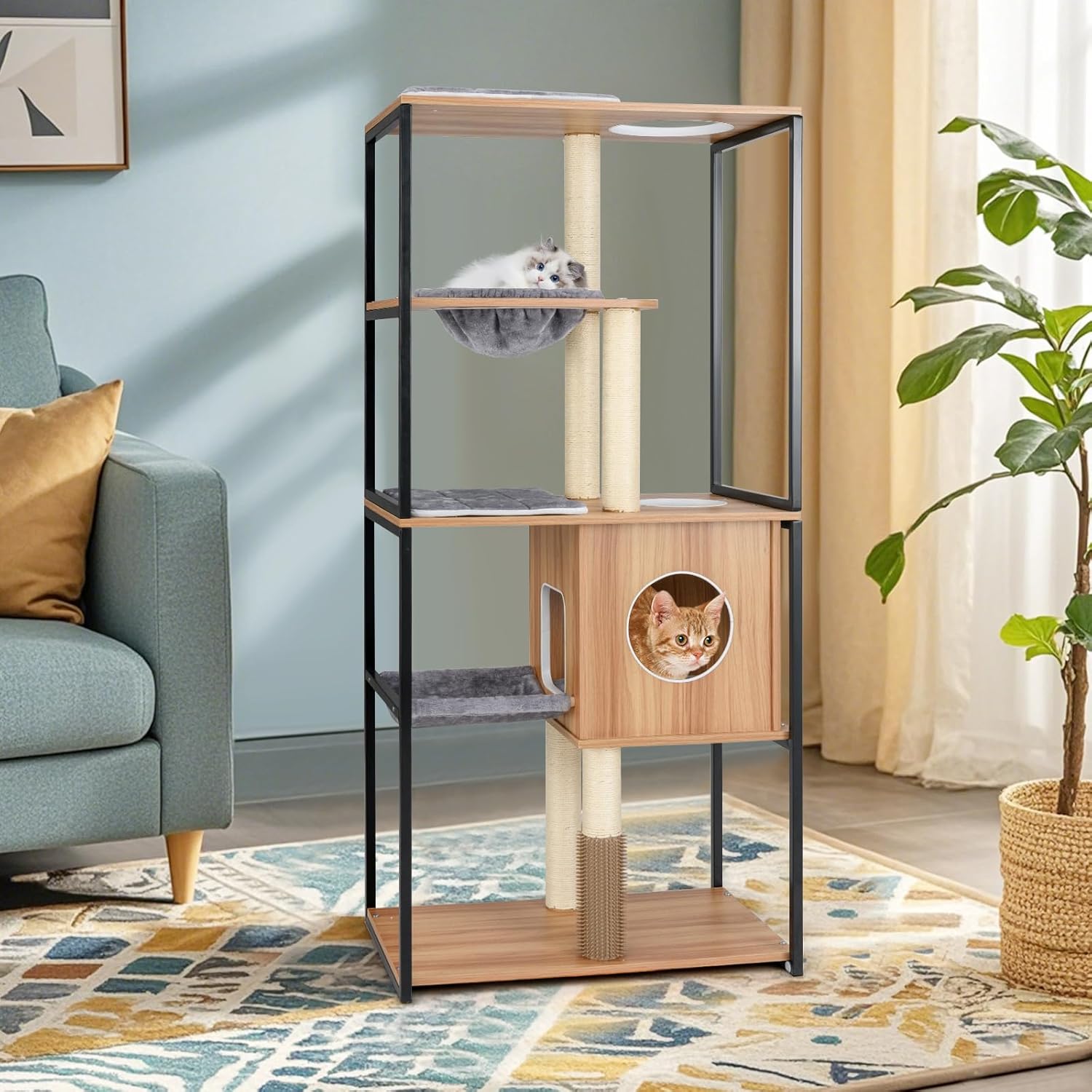 Árbol para Gatos con Estructura de Metal, Árbol Rascador para Gatos 160 cm 5 Niveles con Percha Acolchada, Amplias Plataformas, Hamaca, Rascador, - 4