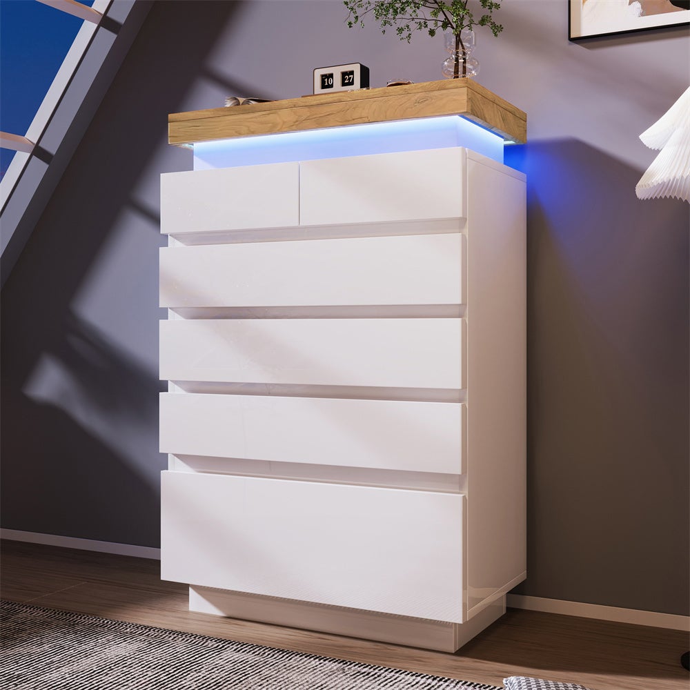 Komoda/kredens lakierowany na wysoki połysk z 6 szufladami, oświetlenie LED, 73 x 39 x 115 cm, kolor biały - 2