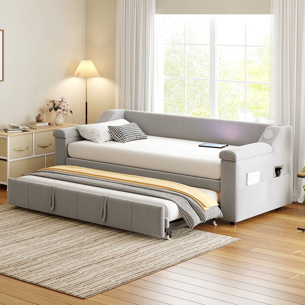 Łóżko składane, 90/180*190 cm, z systemem stereo Bluetooth Smart i portem ładowania USB, aksamitna tkanina, jasnoszary