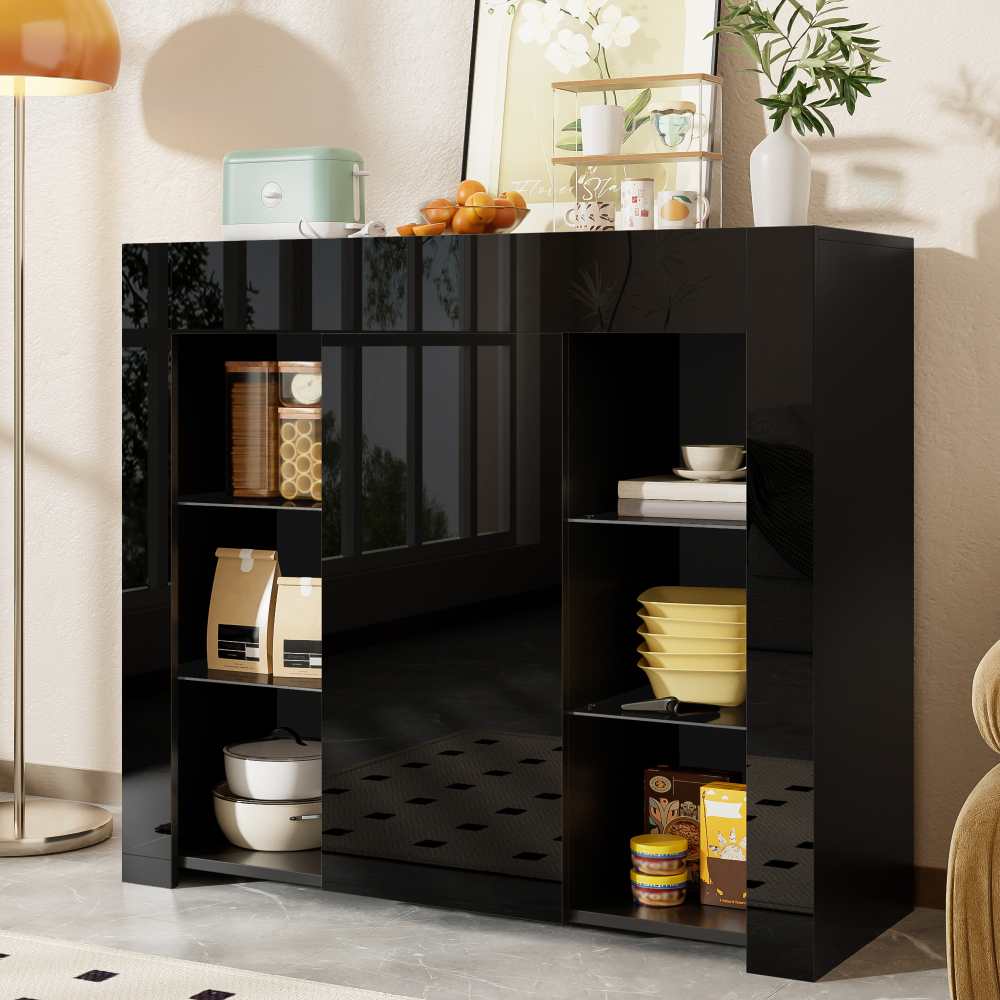 Nowoczesny bufet z błyszczącym wykończeniem i szklanymi półkami – kompaktowy i elegancki mebel do przechowywania 95x35x83 cm do salonu - 2