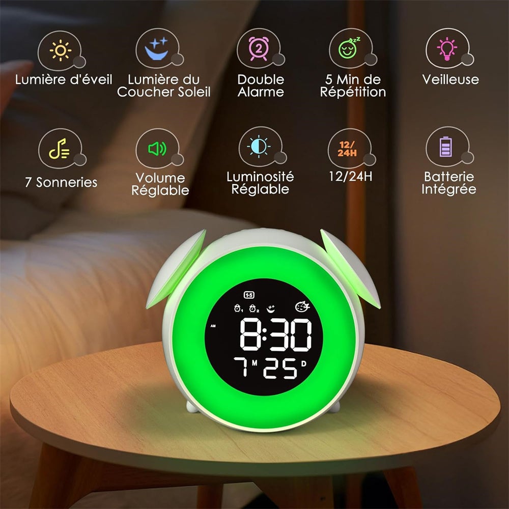 Réveil LED multicolore, mode minuterie coucher de soleil, lampe de chevet, réveil tactile sept couleurs - 2