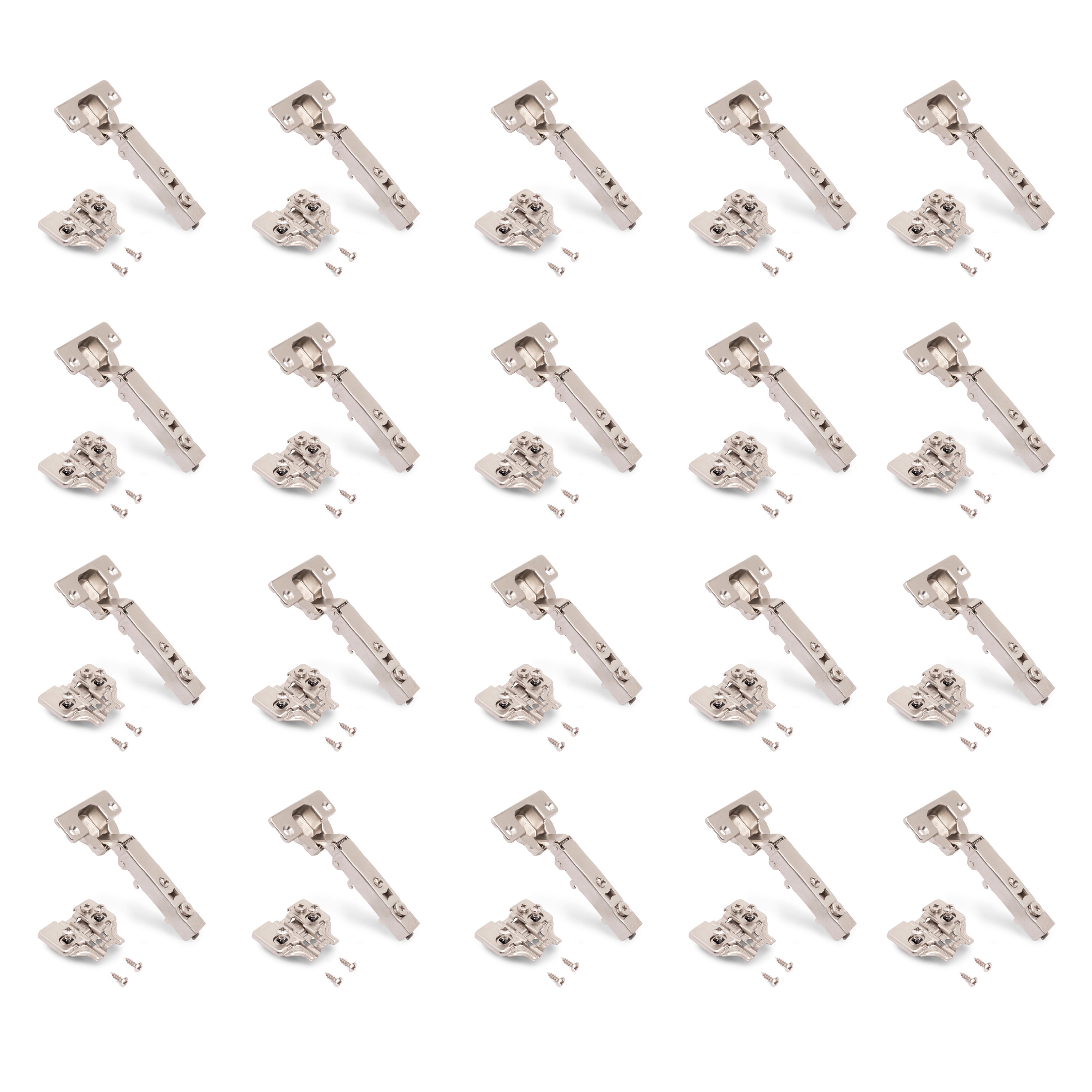 Emuca Pakiet 20 zawiasów nakładanych X92 z cichym domykiem, Prowadniki wciskane lub przykręcane, Średnica 5x9,5 mm, H 0, Stal, Niklowany