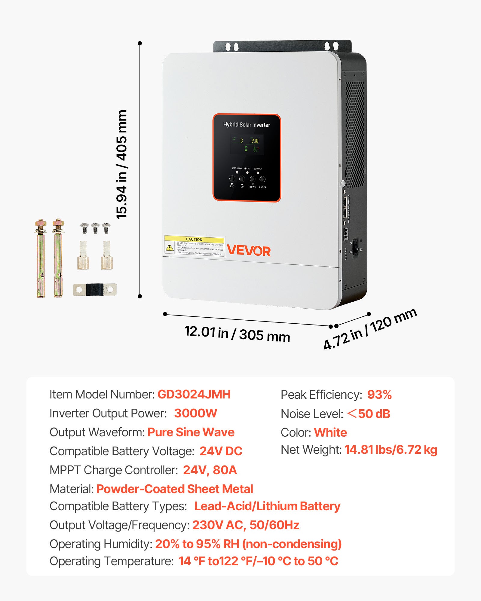 Inversor híbrido VEVOR 3000W, inversor solar híbrido de 24V DC a 230V AC, compatível com baterias de lítio-chumbo-ácido para sistemas fora da rede - 7