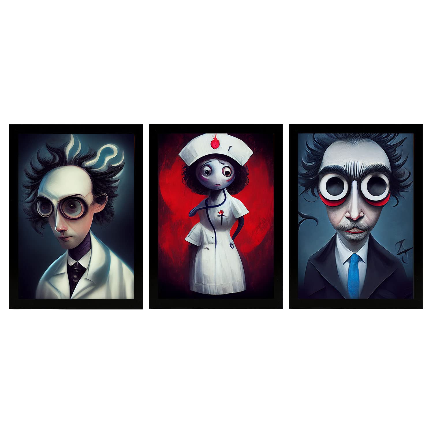 Nacnic set de 3 posters observación al estilo de t burton ilustraciones de profesiones y oficios inspiradas en arte gótico diseño y a3 marco negro