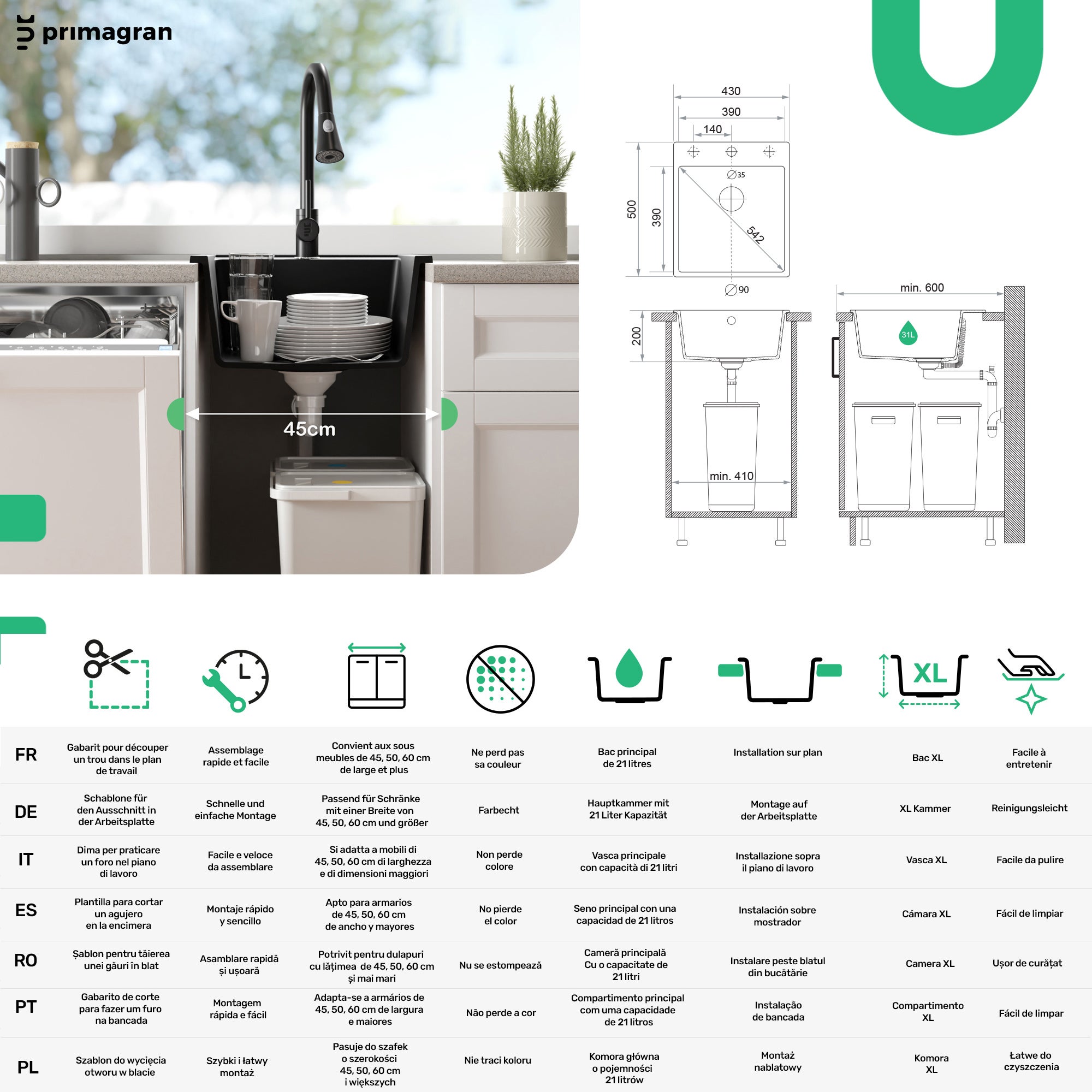 Lavandino da Cucina Nero 43x50cm, Lavello in Granito a 1 vasca + Sifone Classico + Accessori, Lavabo da Cucina Incasso al mobile 45cm PRIMAGRAN - 6