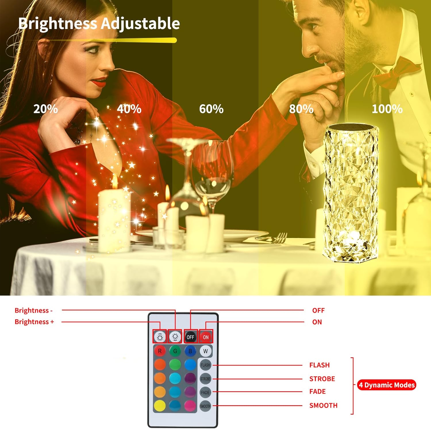 Lampe de table LED, lampe de chevet, lampe de table en acrylique diamant , lumière de nuit RVB changeante 2000 mAh, 16 couleurs, pour chambre - 4