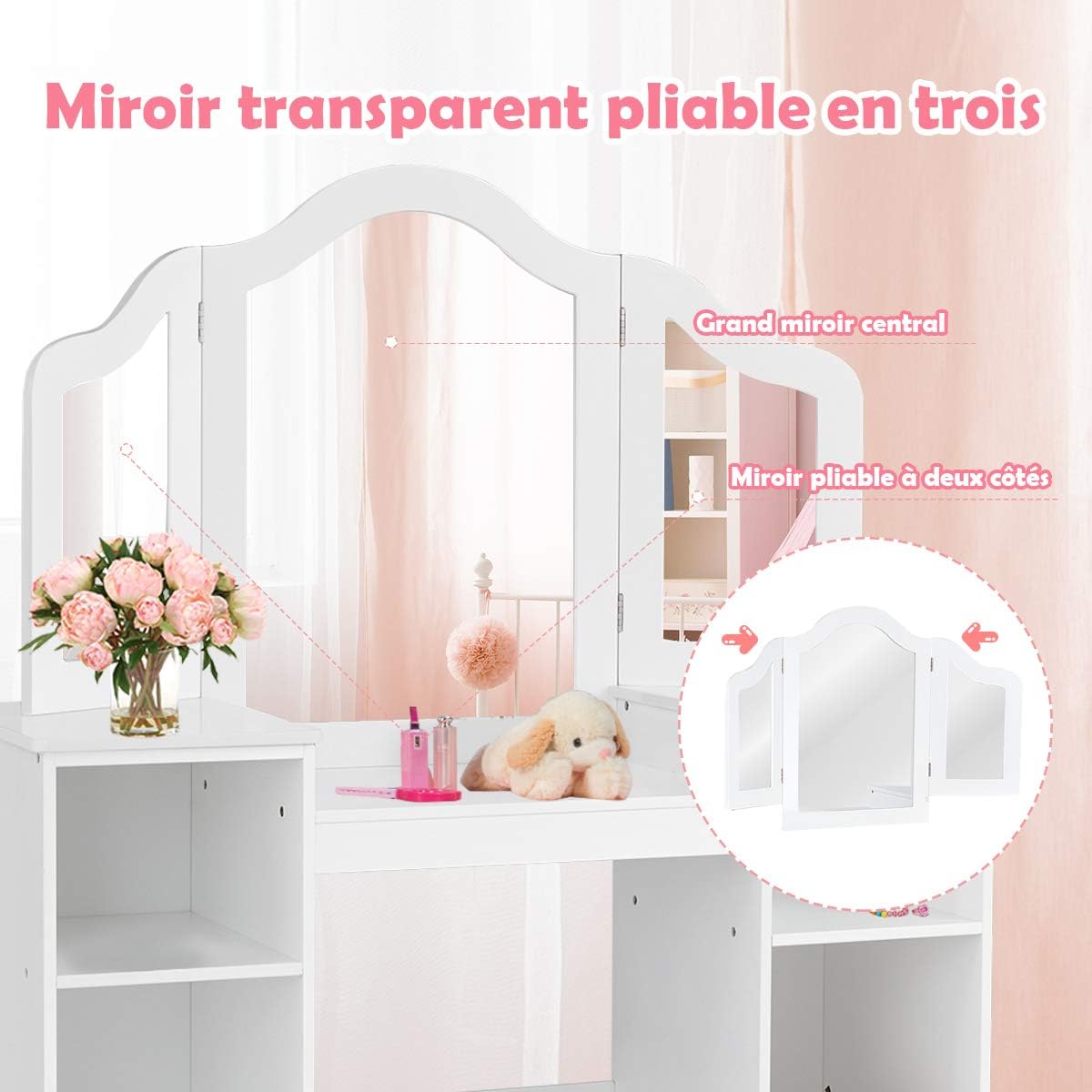 Toeletta per bambini in Legno, Design Smontabile 2 in 1, Mobile da Trucco Stile Principessa con 4 Mensole e Specchio, Mobile per Il Trucco per - 5