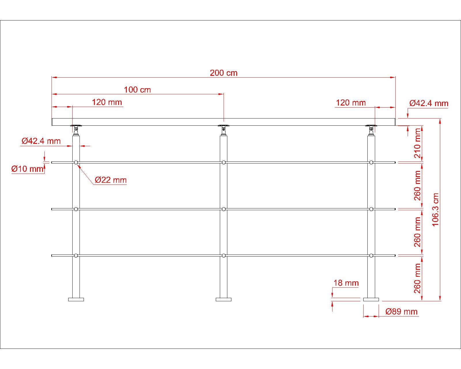 Garde-corps avec main courante, 200cm, en acier inoxydable 304, garde-corps avec 3 traverses, pour intérieur et extérieur - 7