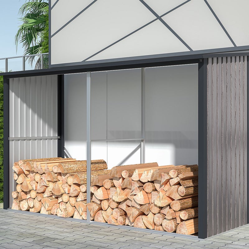 Wiata na drewno opałowe metalowa ze stali galwanizowanej drewnopodobna 5,78 m3 – 8 sterów drewna – 302 × 119 × 190 cm (dł. × szer. × wys.) – VARWOOD