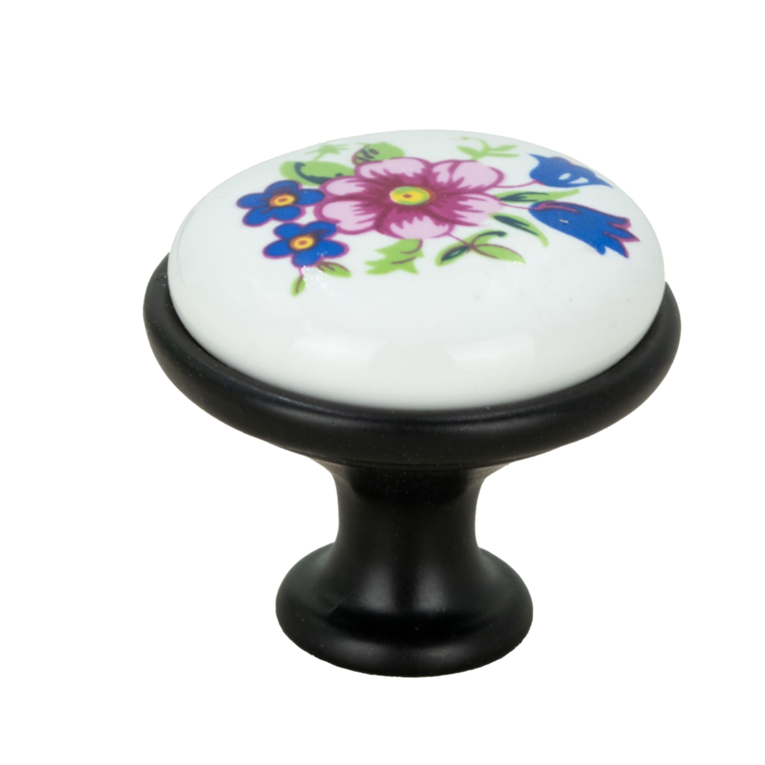 Gałka meblowa okrągła czarna z ceramiką i wzorem retro kwiaty
