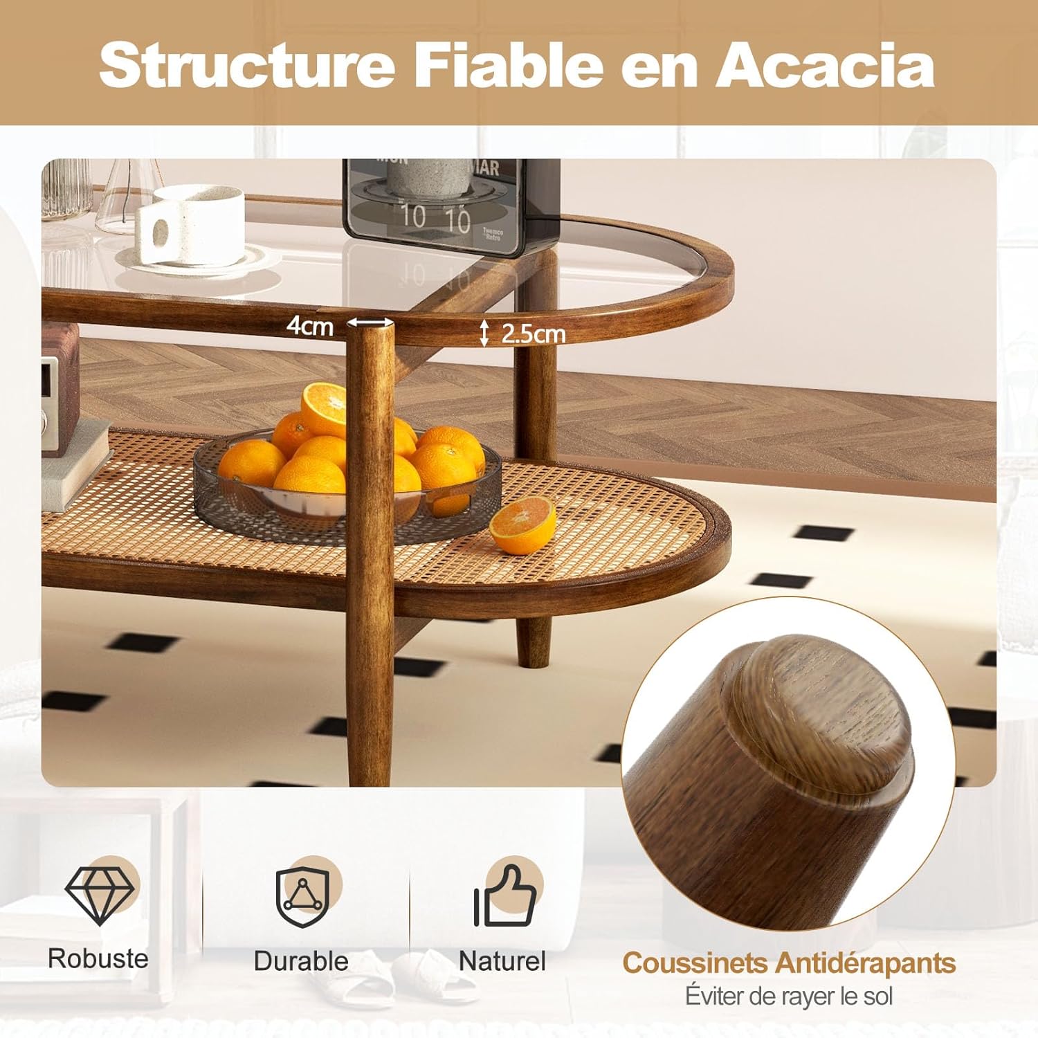 Table Basse Salon, Table Basse Verre Ovale Française Vintage avec Plateau Verre et Rotin, Cadre Bois Cintré, Charge 35+25KG 102x56x 47cm Brun - 7