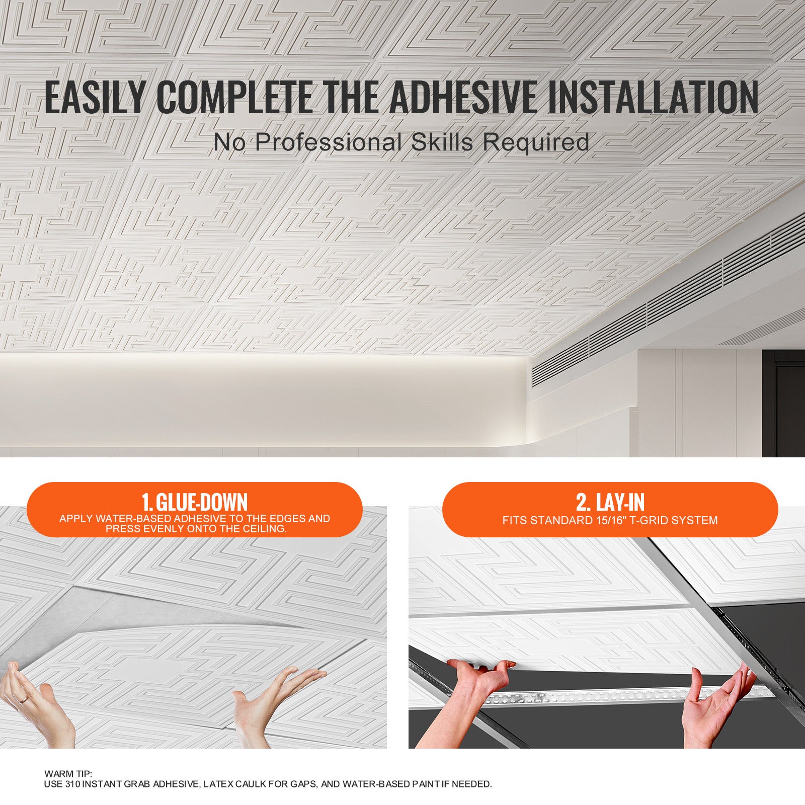 Plaques de plafond SucceBuy lot de 12 en PVC 605x605 mm, motif Echo blanc, découpe facile, pose avec colle pour maison et bureau - 5