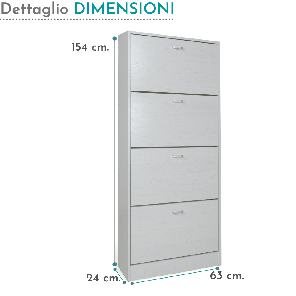 Scarpiera Salvaspazio da Ingresso 4 Ante a Ribalta, Mobile Slim In Legno Melaminico 63x24x150h, Bianca - ZIK - 6