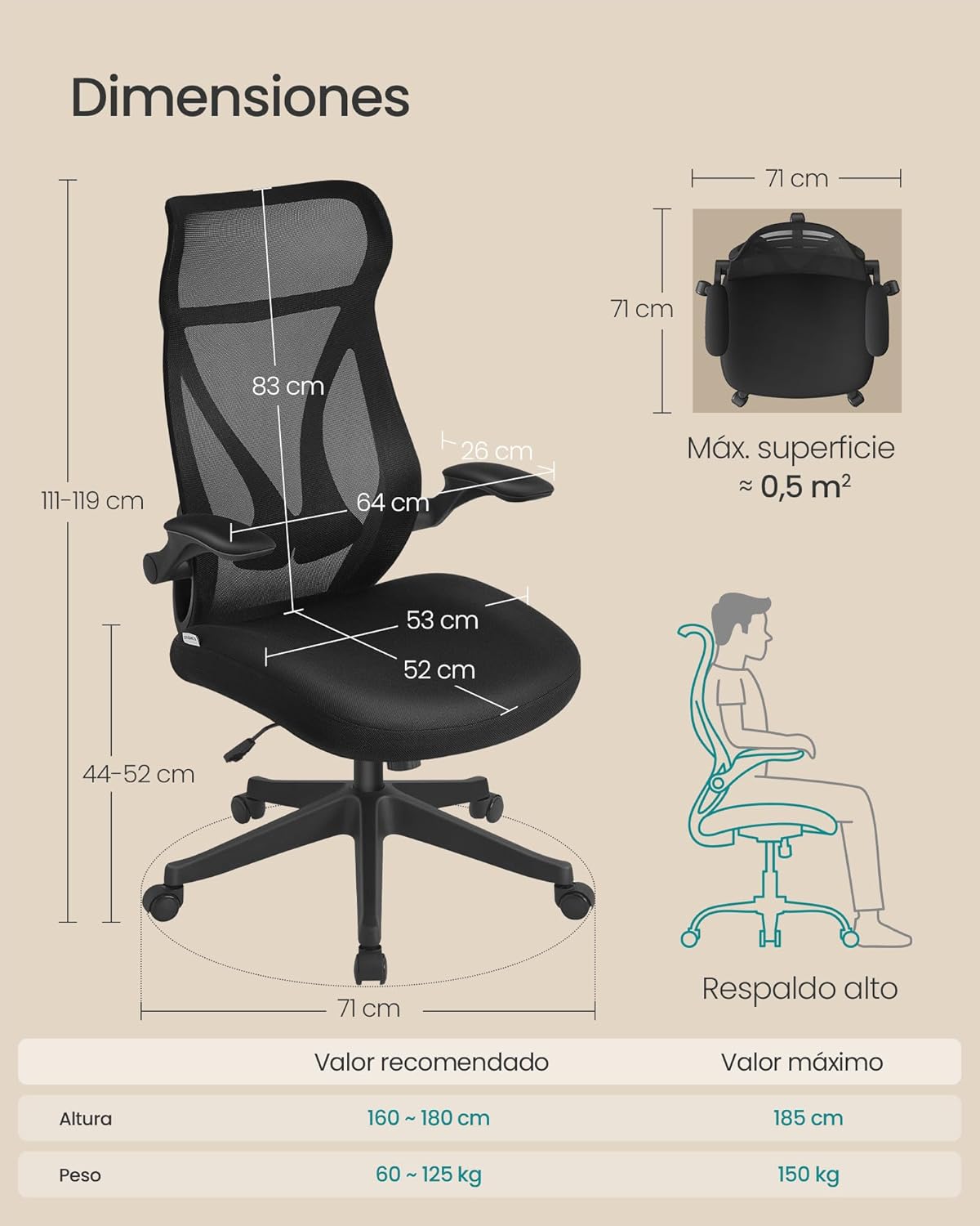 Silla Ergonómico de Oficina, Altura Ajustable, Reposabrazos Plegables, Silla Giratoria con Reposacabezas, Carga de 150 kg, Negro Tinta - 6