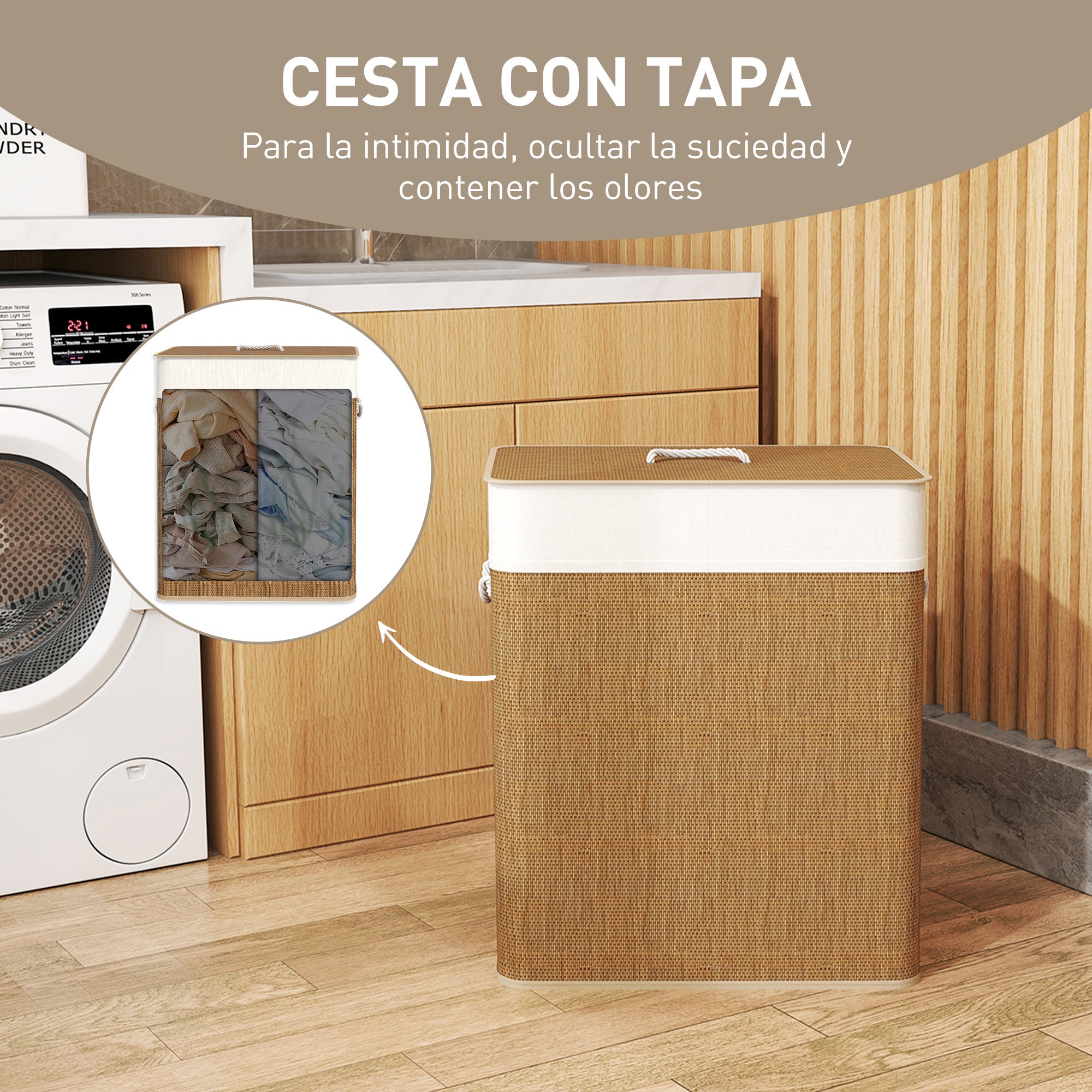 Cesto para Ropa HOMCOM Bambú Marrón 52x32x63 cm - 5