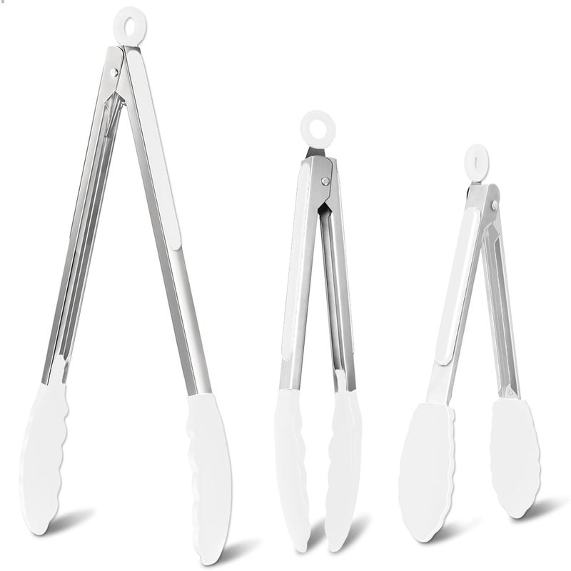 Zestaw 3 silikonowych szczypiec kuchennych (białych) (7 cali/9 cali/12 cali), odpornych na wysokie i niskie temperatury