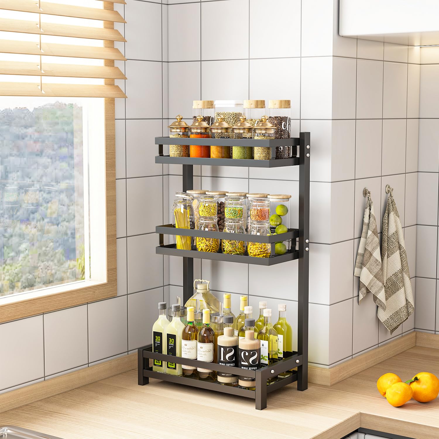Étagère de rangement pour épices de cuisine, étagère simple à trois niveaux (hors porte-couteau), noire - 3