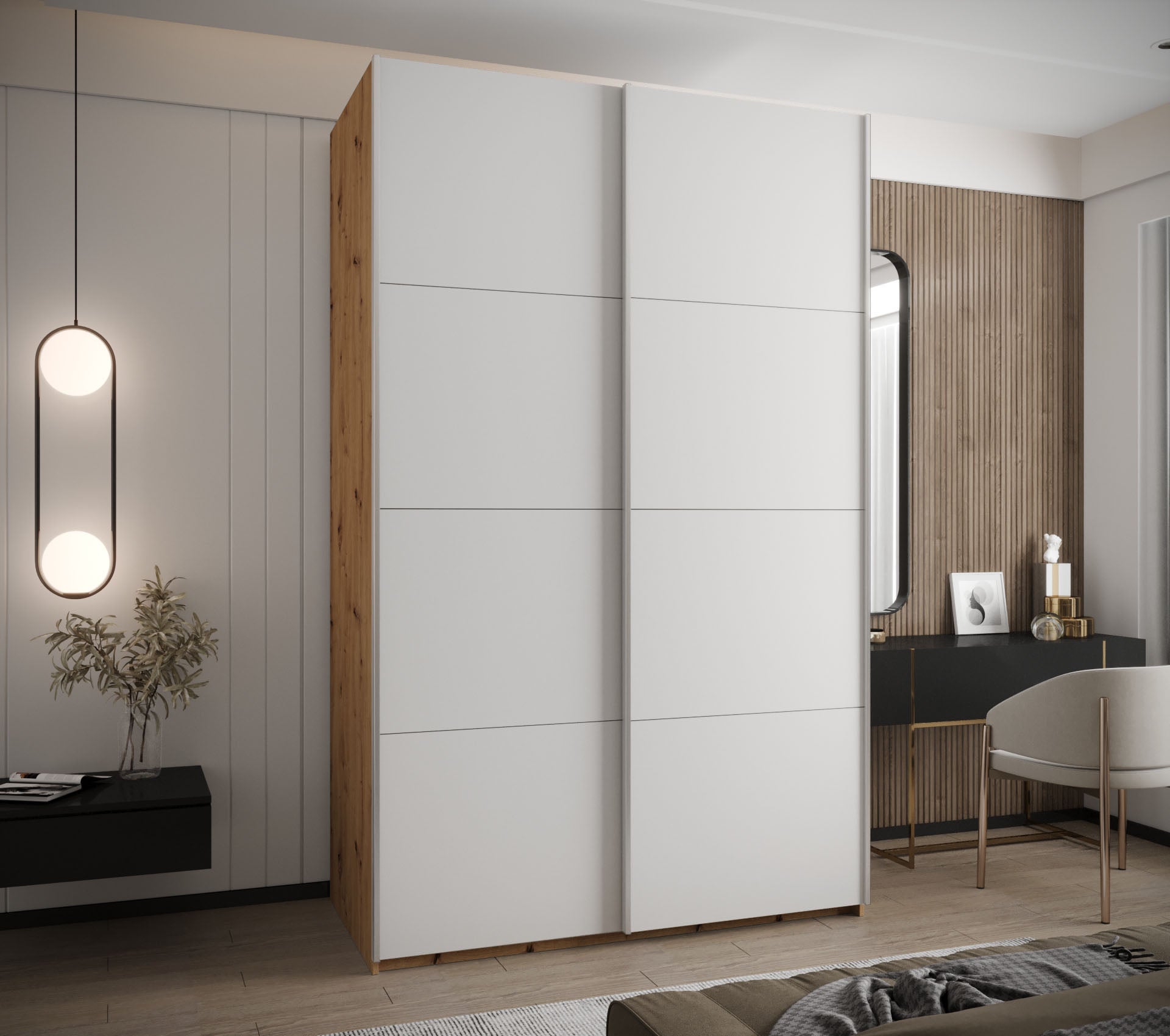 Szafa przesuwna wysoka Lux 1 160 x 64 x 245,5 cm artisan + biały + u. srebrny - Abiks Meble - 2