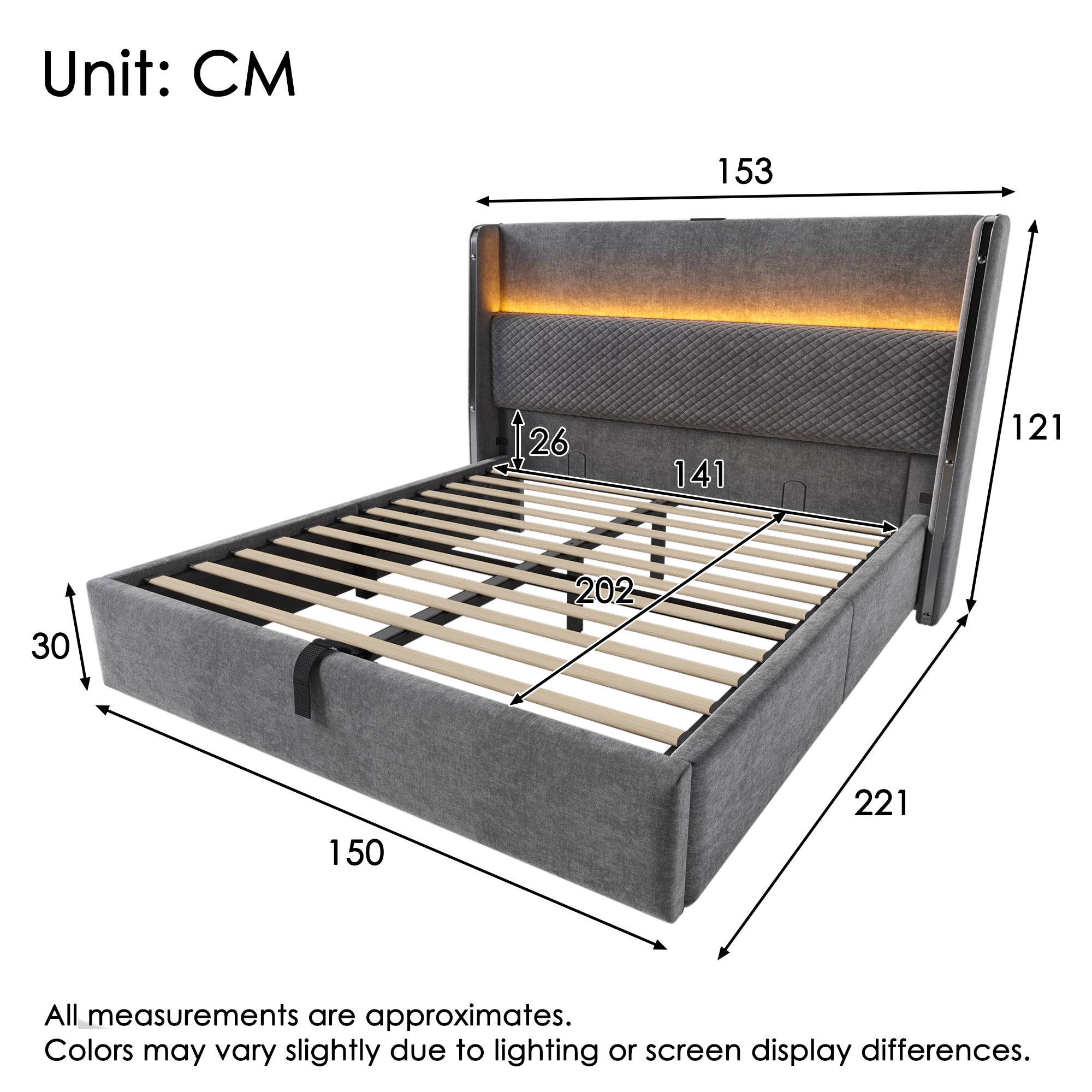 letto contenitore 140x200 cm testiera alta LED, stazione di ricarica USB/Type-C lino grigio senza materasso - 4