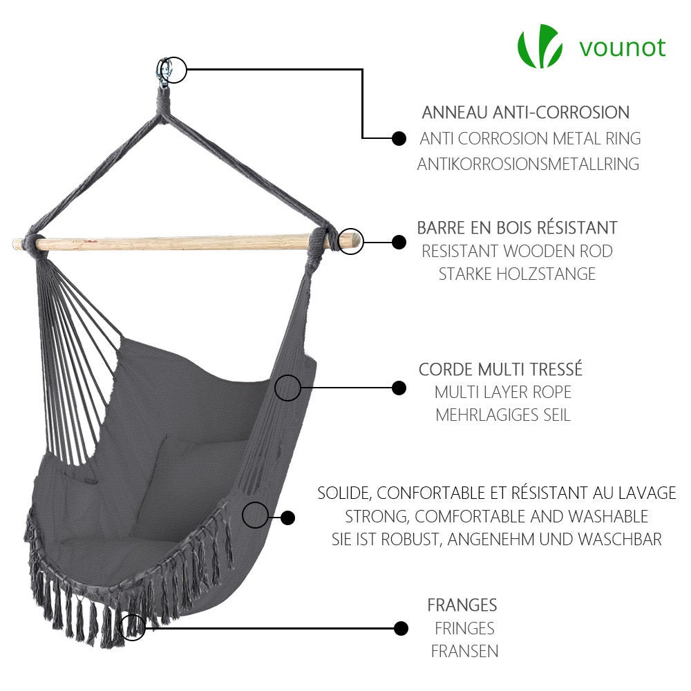 VOUNOT® Chaise hamac suspendue à franges - siège balançoire en coton doux avec 2 coussins - portable pour intérieur et extérieur - gris - 7
