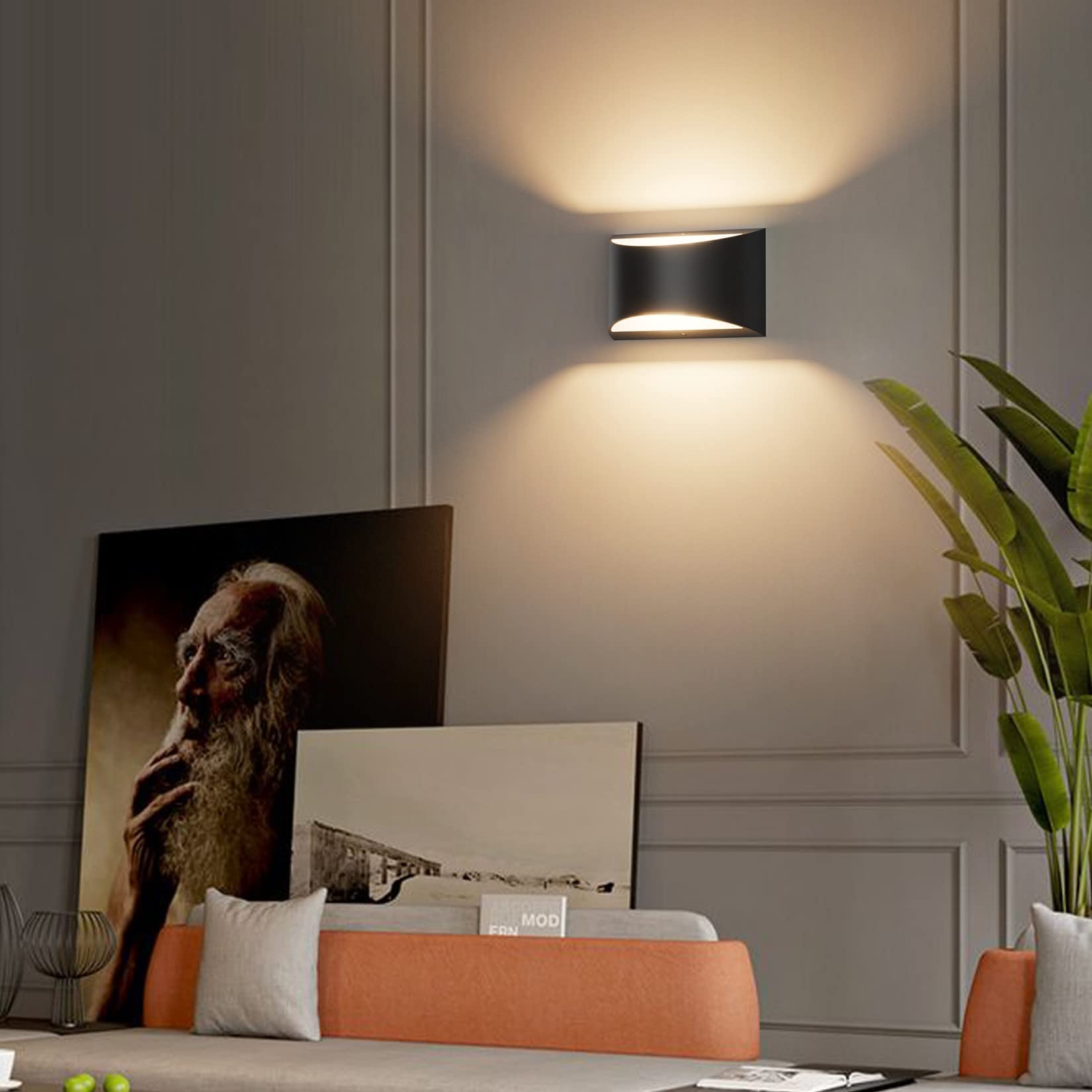 Lampada da parete moderna a LED, lampada da parete bianca calda 3000K, lampada da parete su e giù da 7 W, lampada da parete per interni, nera - 6
