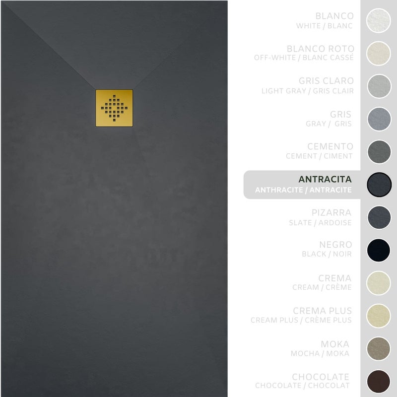 SOULHOME Brodzik prysznicowy– Żywica– Gel Coat– Gładka/Kamienna tekstura – Antypoślizgowy – antracytowy – 170x100- Niski 3 cm– Ruszt Złoty