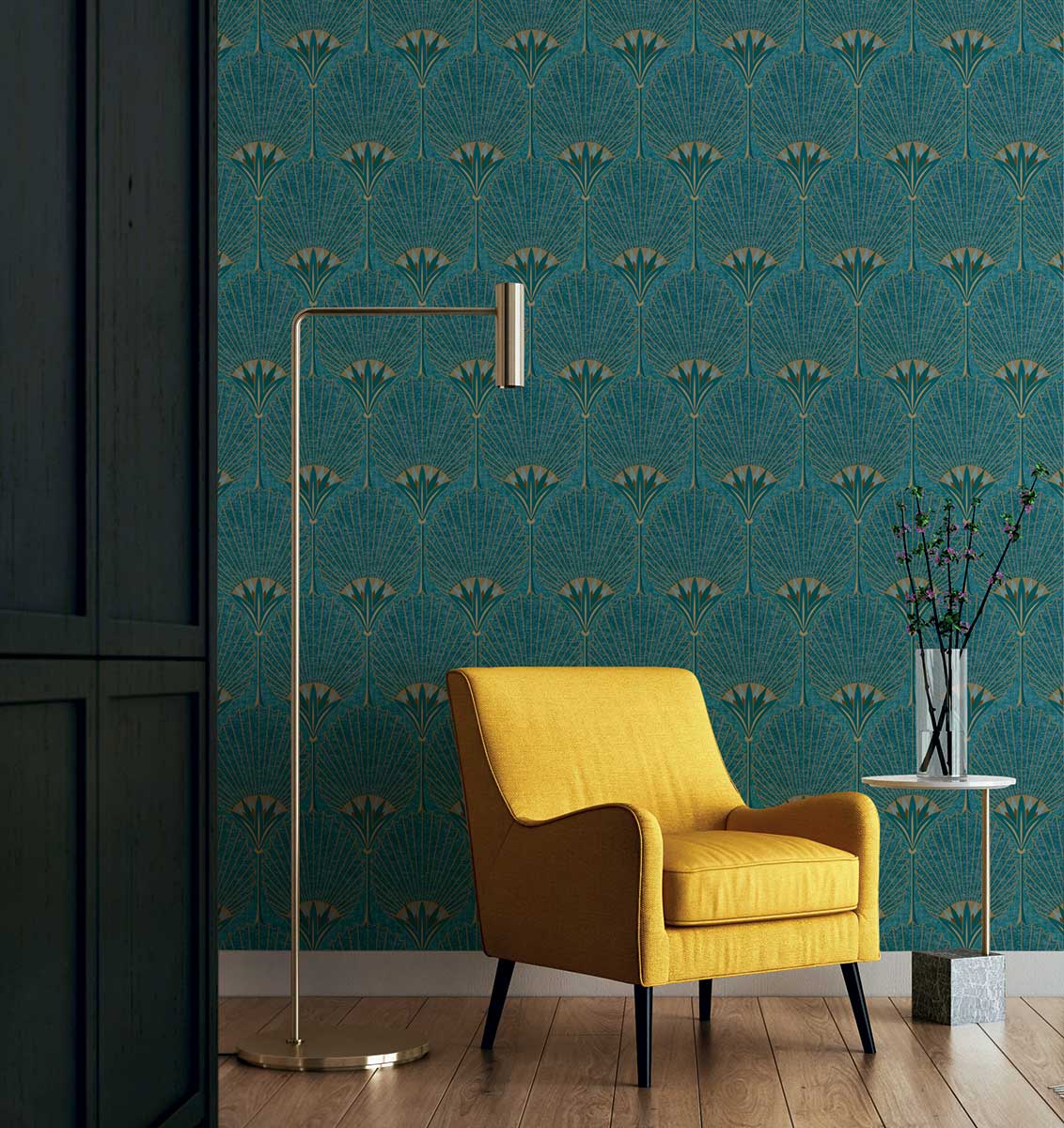 Papier peint art déco bleu paon - 53x1000cm | Leroy Merlin
