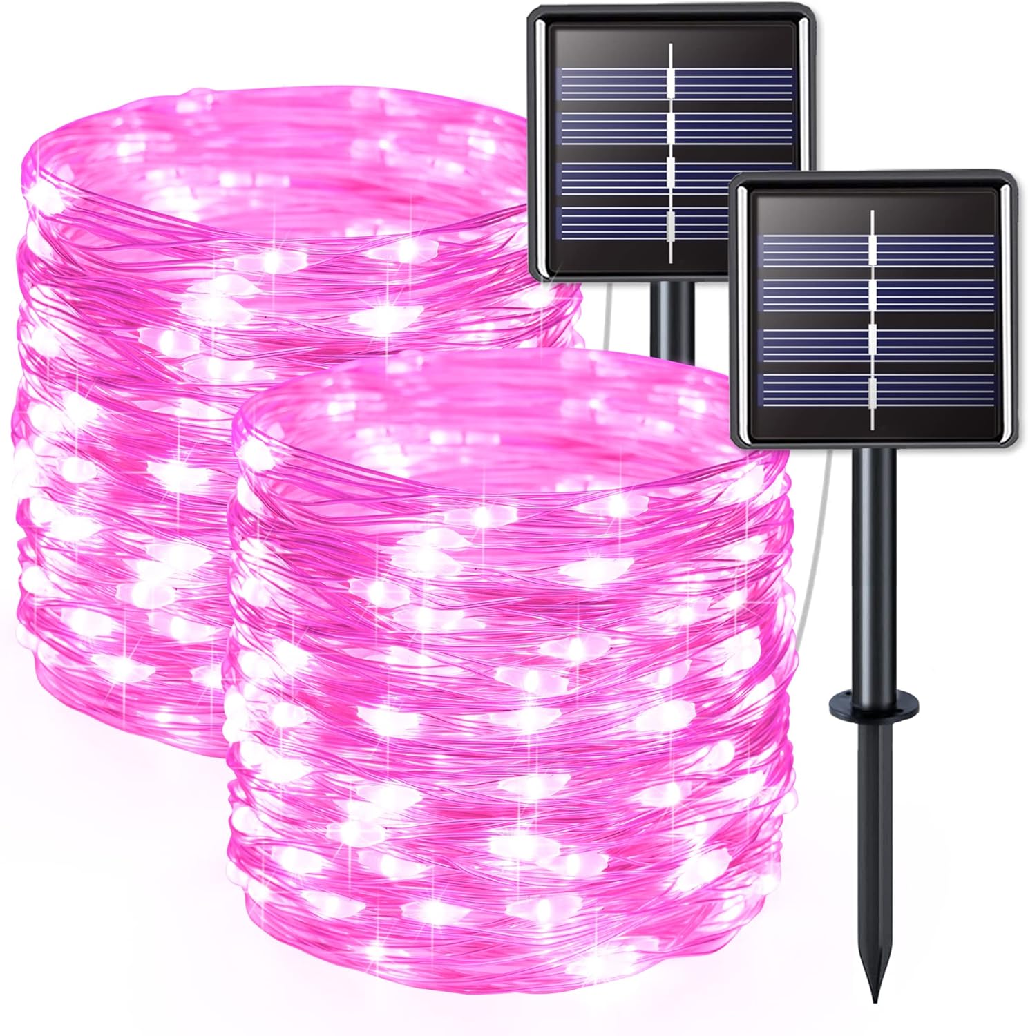 Zestaw 2 zewnętrznych lampek solarnych, przewód miedziany, wodoodporny, 12 metrów na lampkę, 100 diod LED (różowe światło)