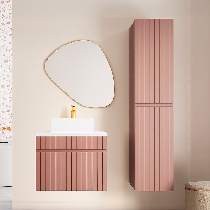 Wisząca szafka łazienkowa w kolorze różowym z prążkowaną fakturą, z umywalką nablatową i słupkiem – 60 cm – SATARA