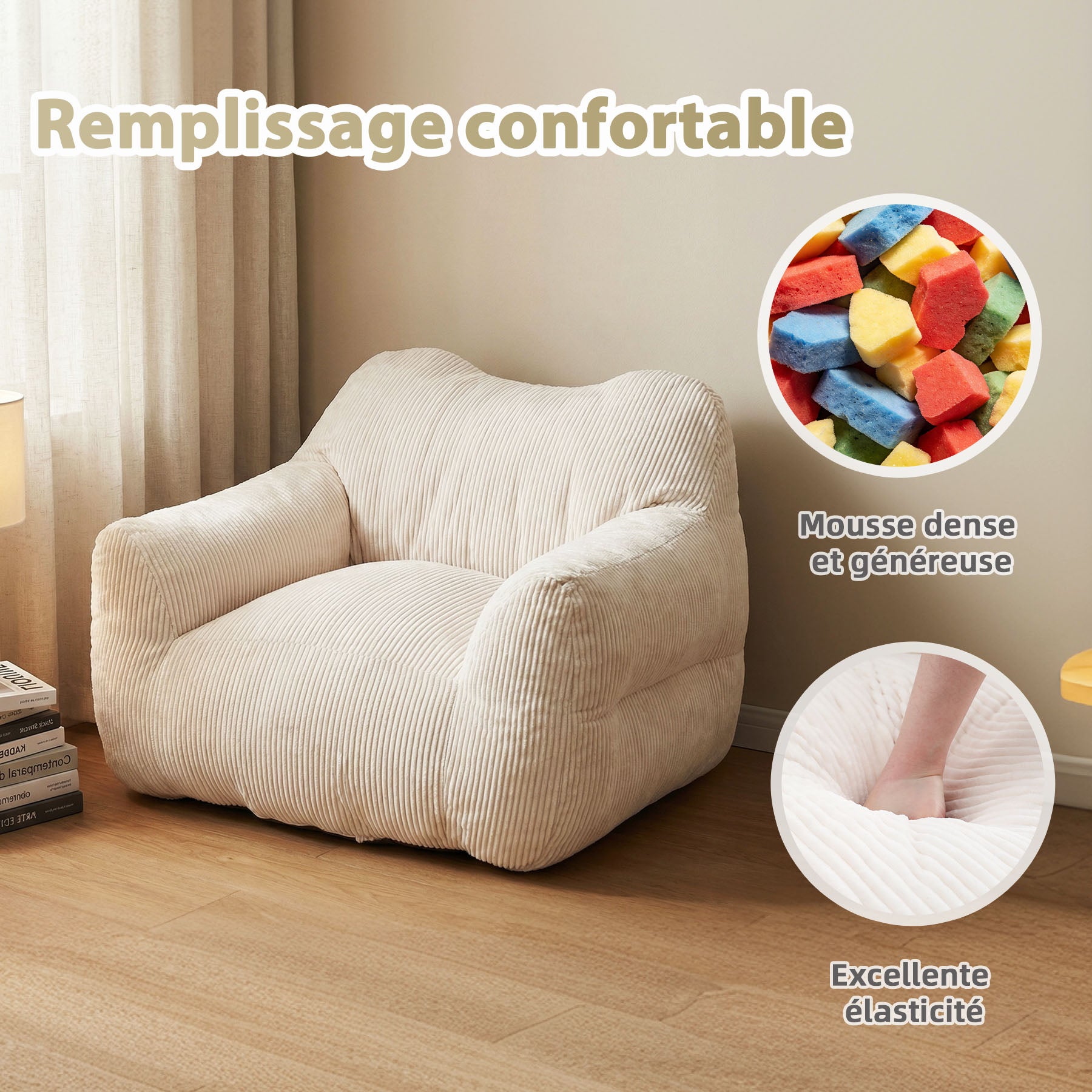 Canapé pouf carré HOMEMIYN en velours côtelé, fauteuil lounge avec dossier et accoudoirs, 118x110x86 cm, pour salon et chambre - 5