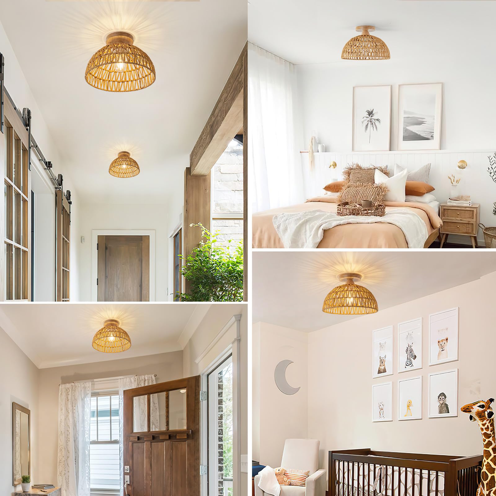 Lampa sufitowa z rattanu, żyrandol w stylu boho, ręcznie tkana lampa wisząca, żyrandol w stylu wabi-sabi do domu na wsi, sypialni, przedpokoju, holu - 7