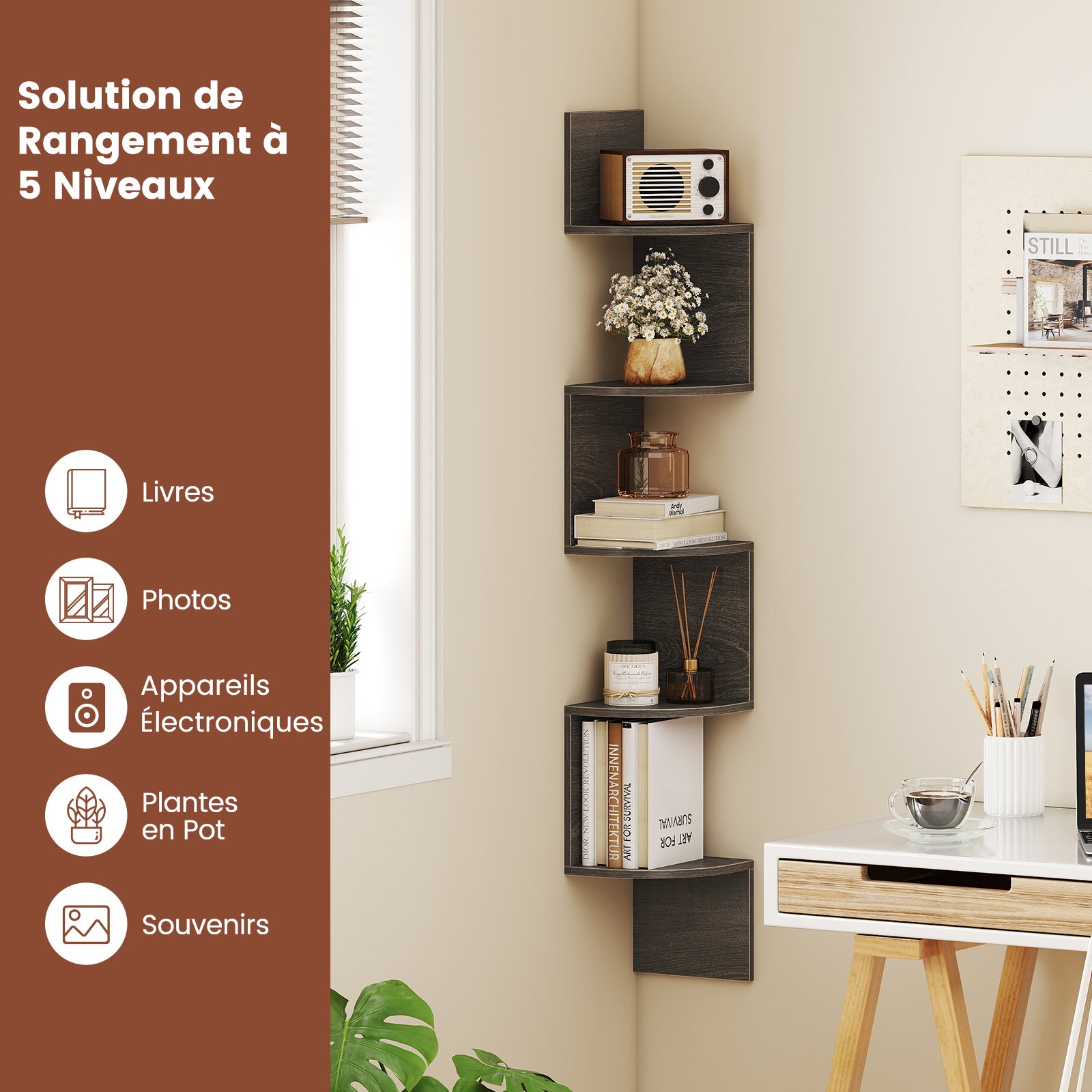 Półka narożna z 5 poziomami, półka ścienna, nowoczesny design i oszczędność miejsca w salonie, sypialni i kuchni, 20 x 20 x 126 cm, szara - 2