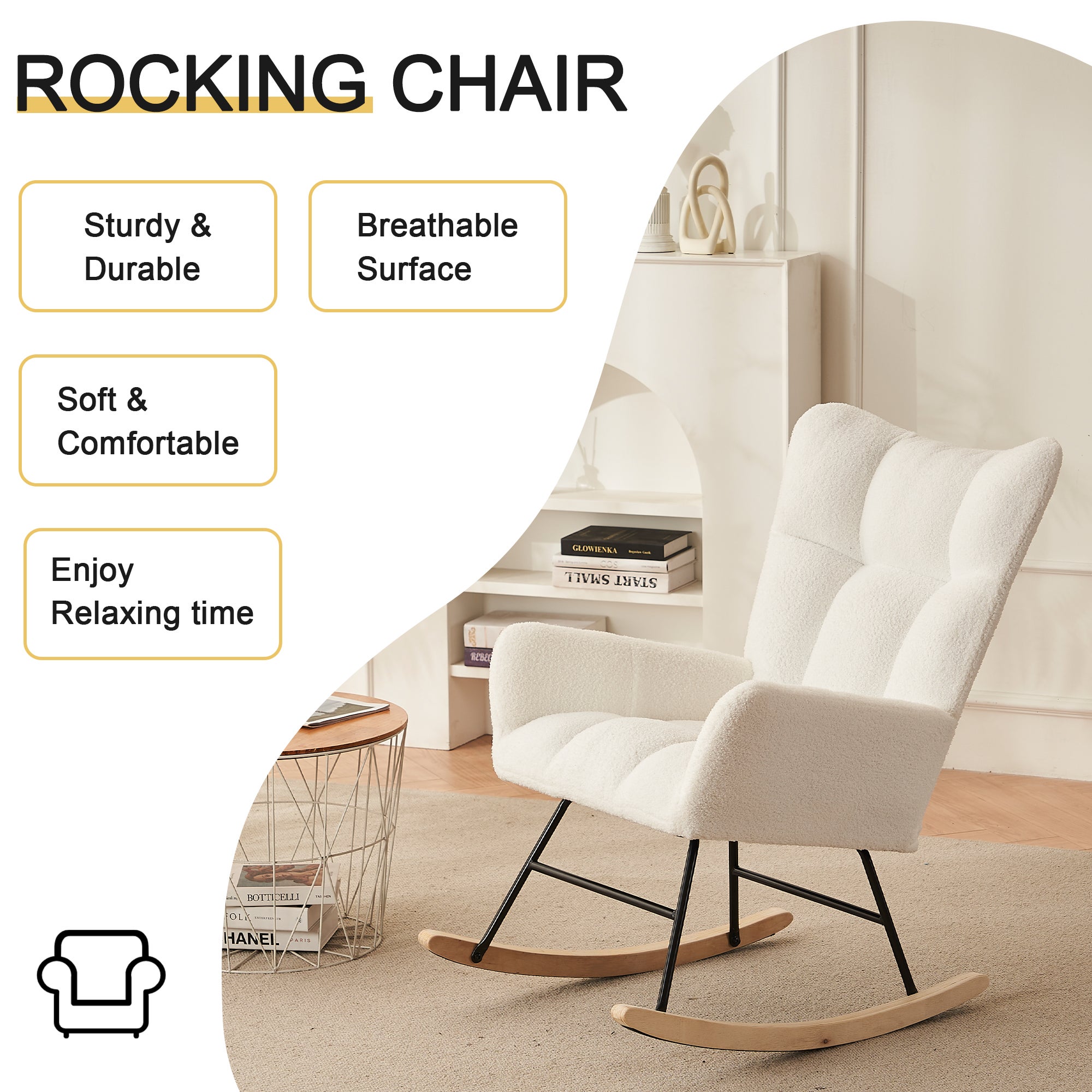 Fauteuil à Bascule Moderne, Rocking Chair avec Dossier Haut et Cadre en Métal, en Tissu Teddy Blanc - Pour Salon/Chambre - 9