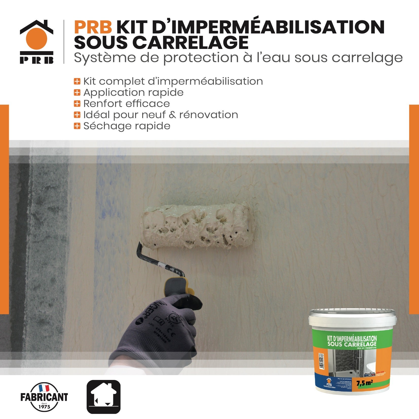 Kit d’Imperméabilisation Sous Carrelage - Primaire 1kg + Résine 6kg + Bande d’Armature SEBS 10m - Kit Complet Étanchéité Sols et Murs - Application - 2