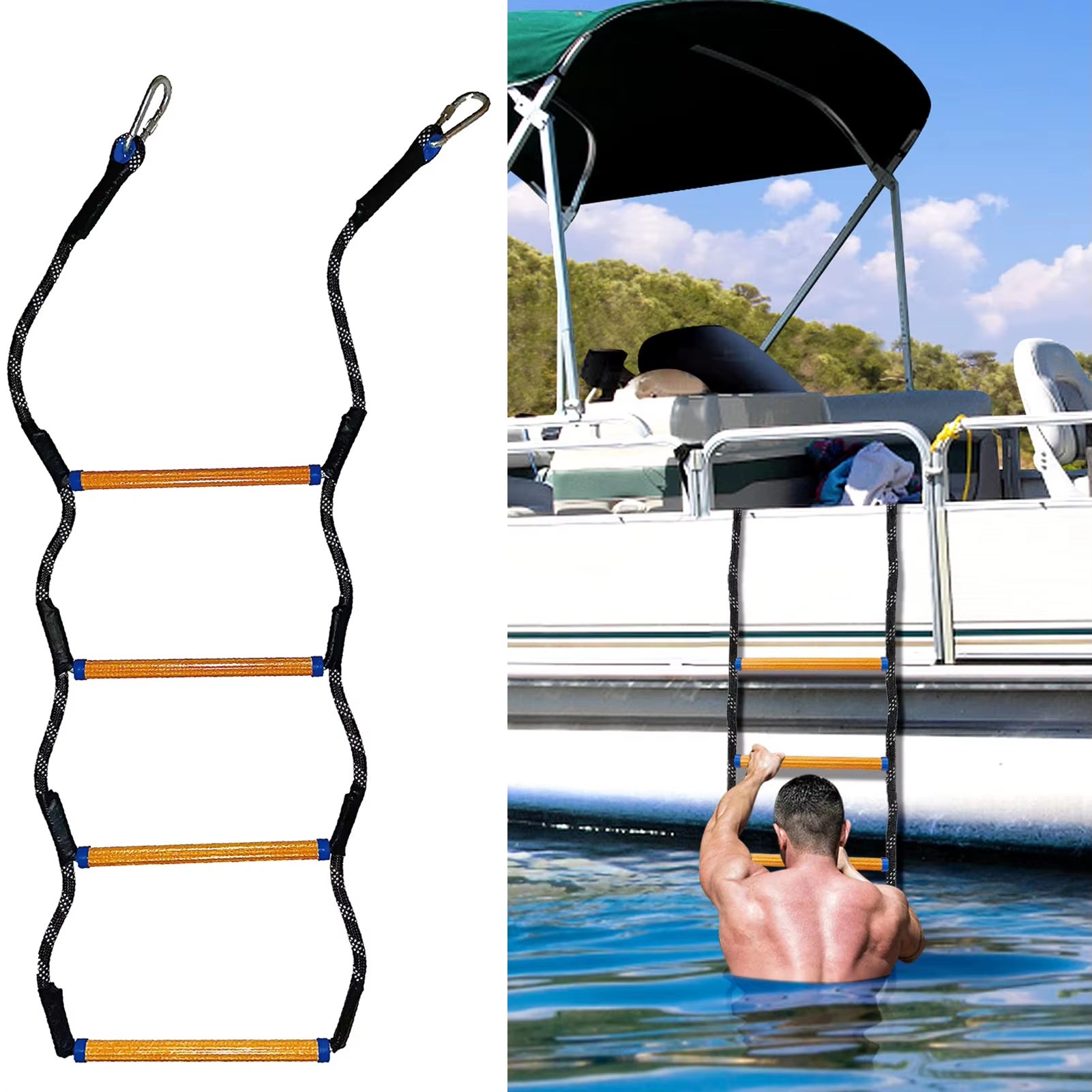 Échelle De Corde Pour Bateau 2m – 5 Marches En Bois, Mousquetons à Ressort, Compacte, Idéale Pour Yachts Et Sports Nautiques