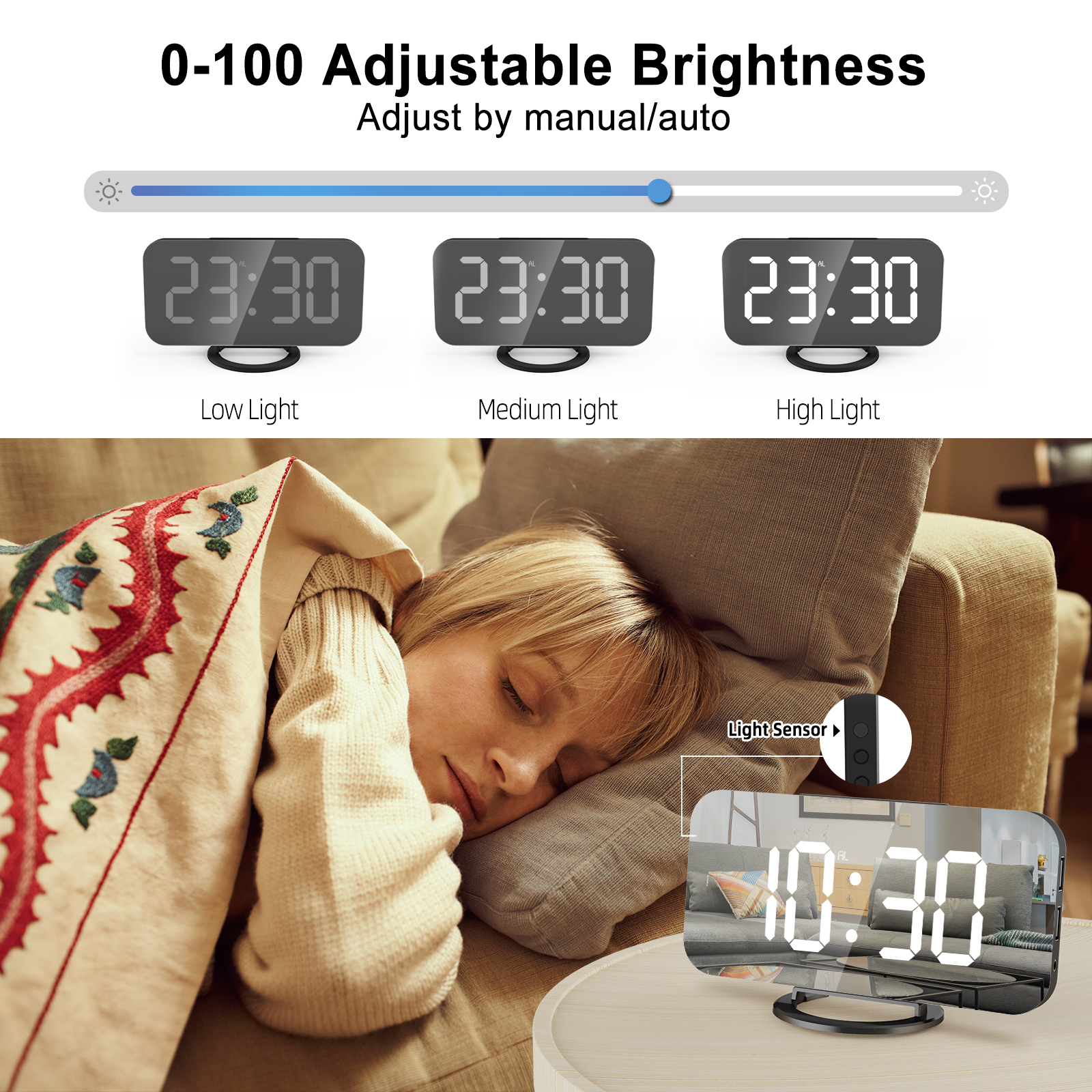 Sveglia digitale ad alto volume per adulti con sonno pesante con scuotiletto, luce LED regolabile, snooze, sveglia, orologio per camera da letto, nero - 7