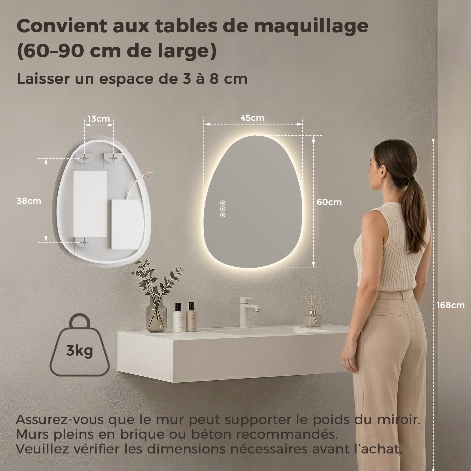 S'AFIELINA Miroir lumineux 60 × 45 cm Asymétrique 3 couleurs de lumière et luminosité ajustable - 7