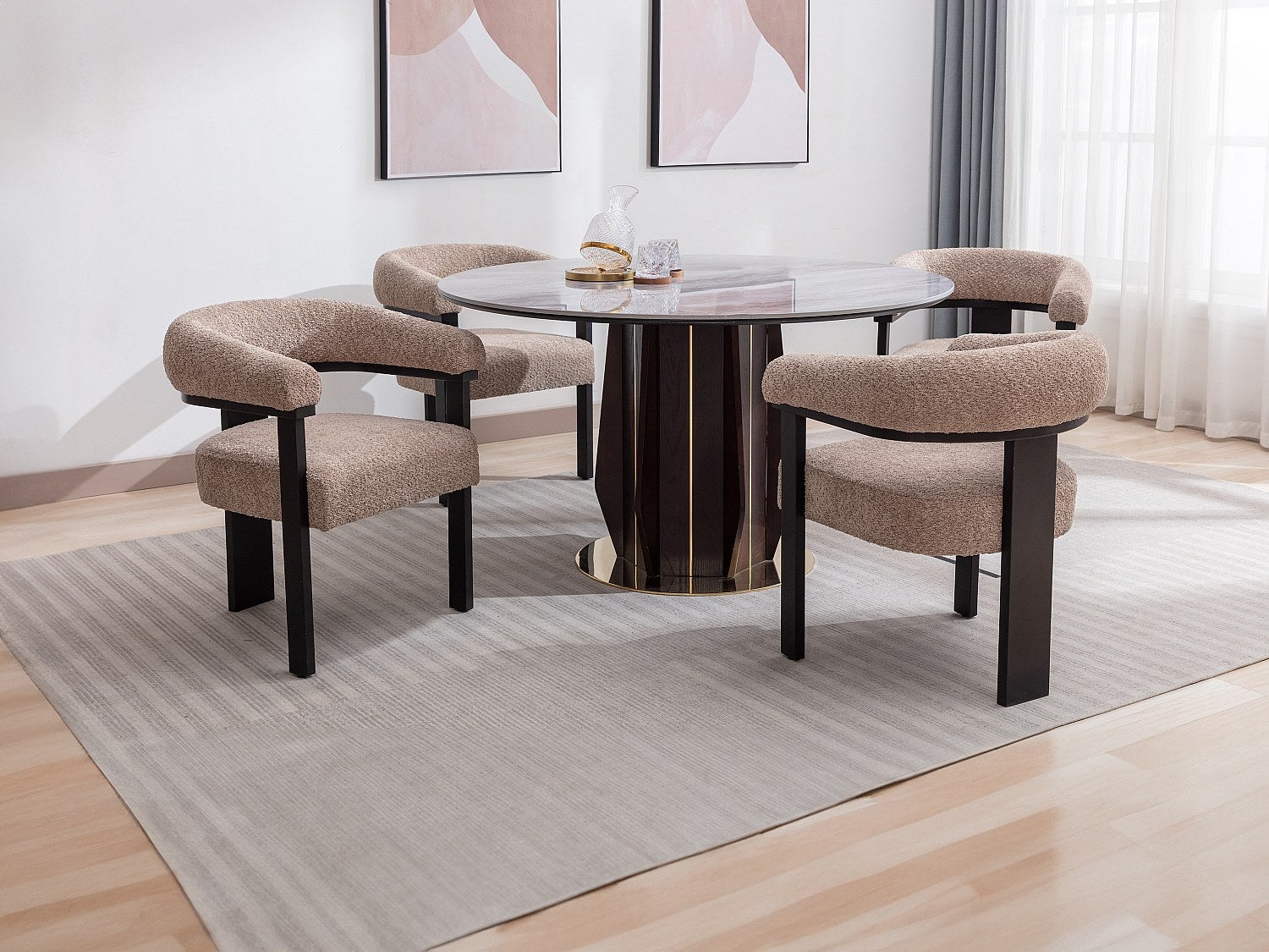 Krzesło z podłokietnikami z bukli i drewna kauczukowego - Brązowoszary i czarny - LIVELIA