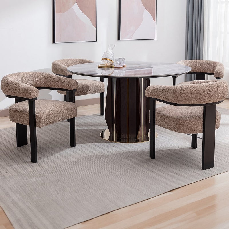 Krzesło z podłokietnikami z bukli i drewna kauczukowego - Brązowoszary i czarny - LIVELIA