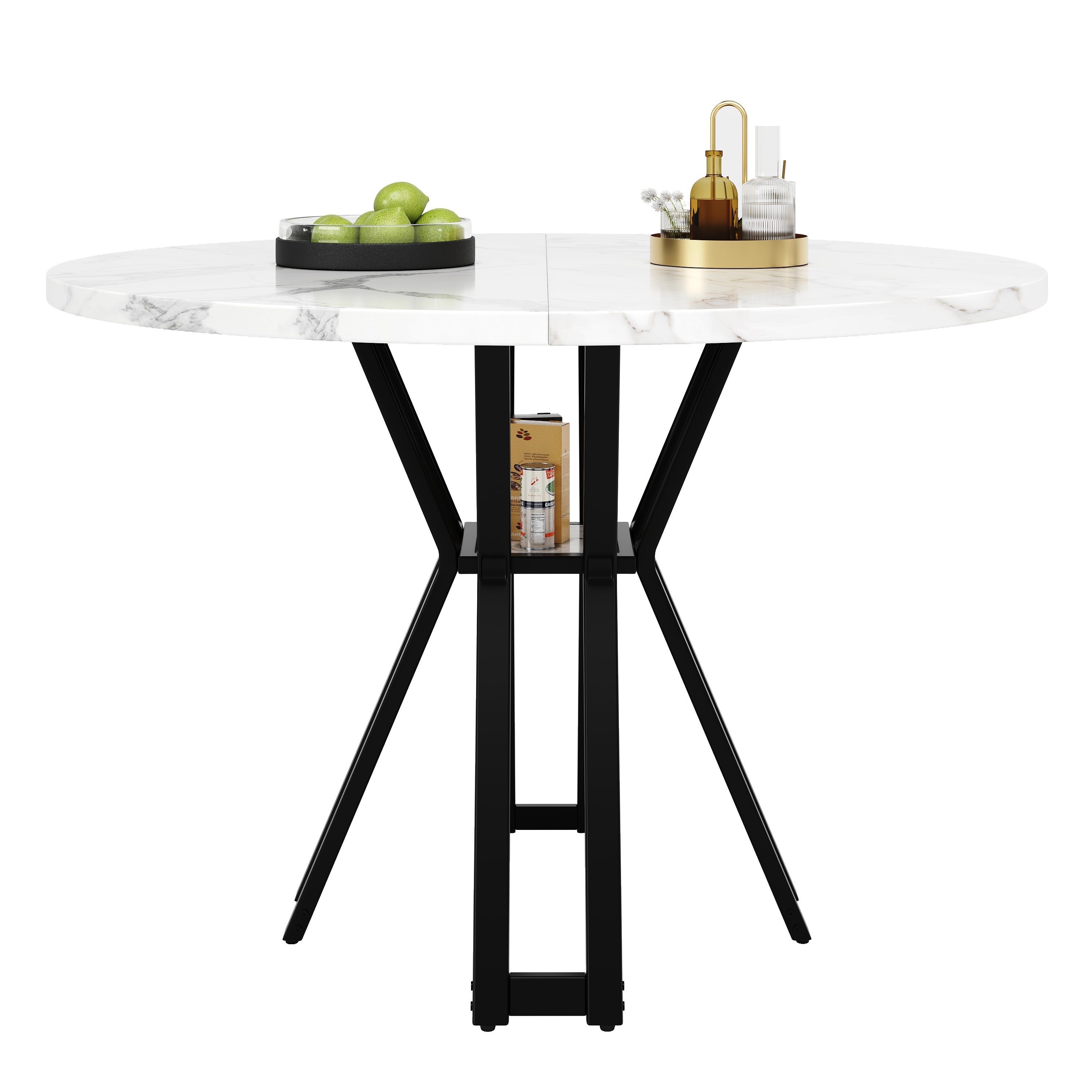 Okrągły stół jadalny dla 4-6 osób - D 100 x W 76 cm - Blat z płyty MDF marmurkowy i nogi metalowe - Biały + czarny - 8