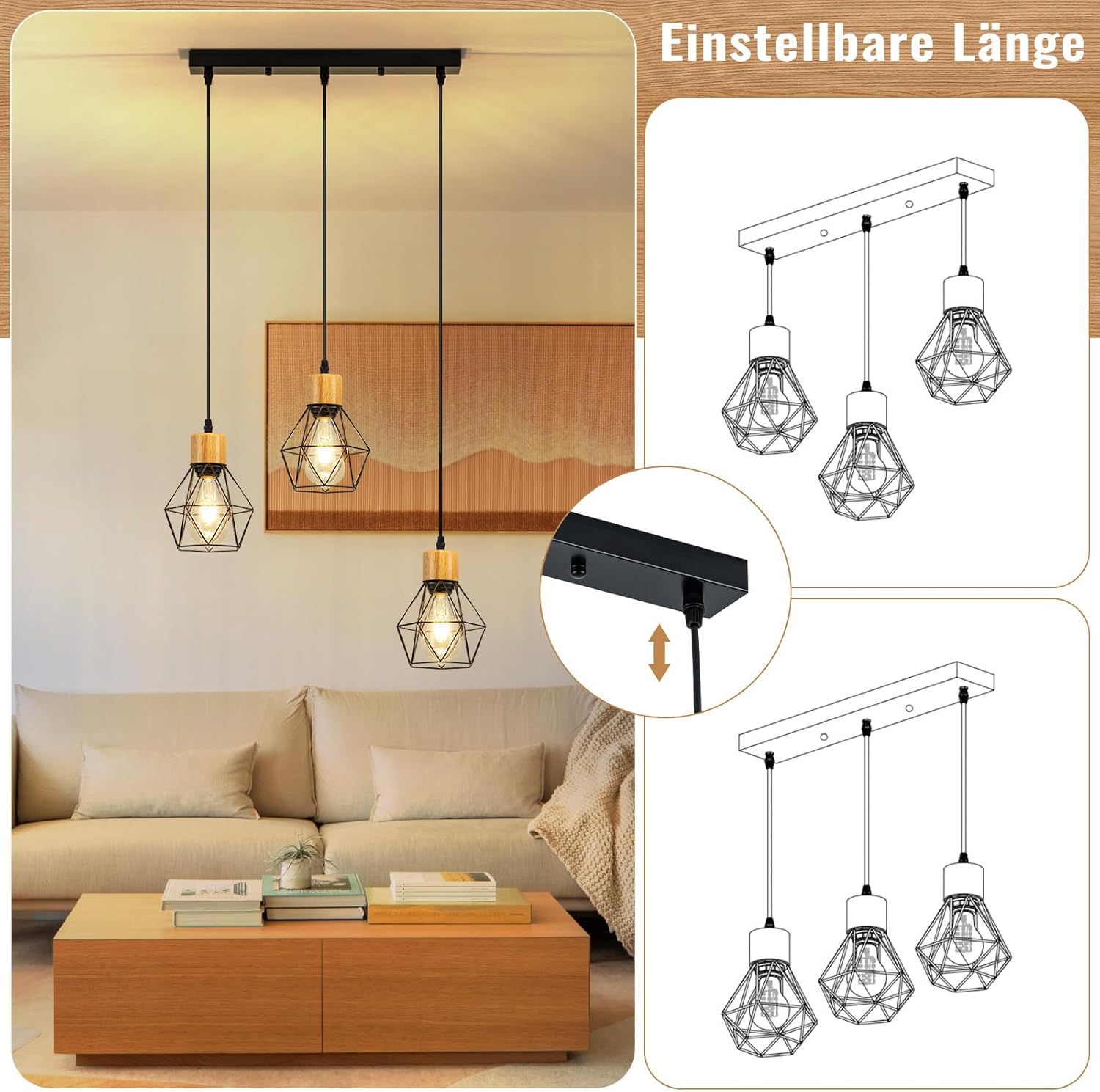 ZMH Lampa wisząca z czarnego metalu w stylu vintage, 3 żarówki E27, brak w zestawie - 8