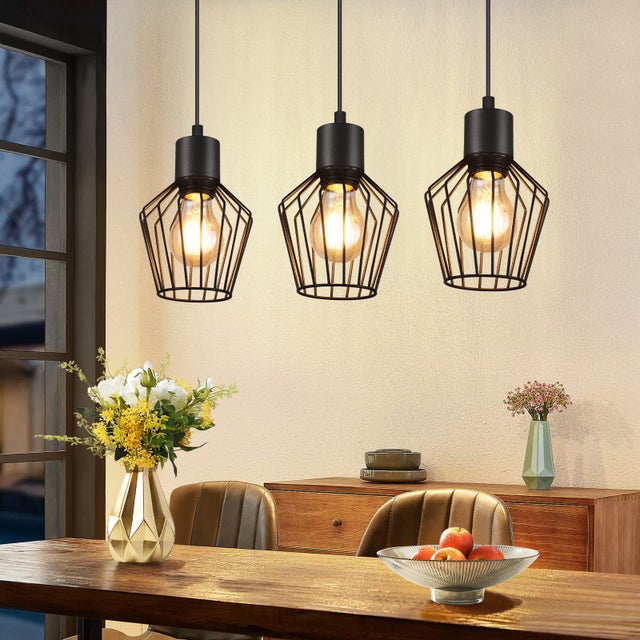 NETTLIFE Candeeiro suspenso, Pendente 3 chamas preto industrial metal pendente LED E27 metal, para sala, quarto, corredor e cozinha