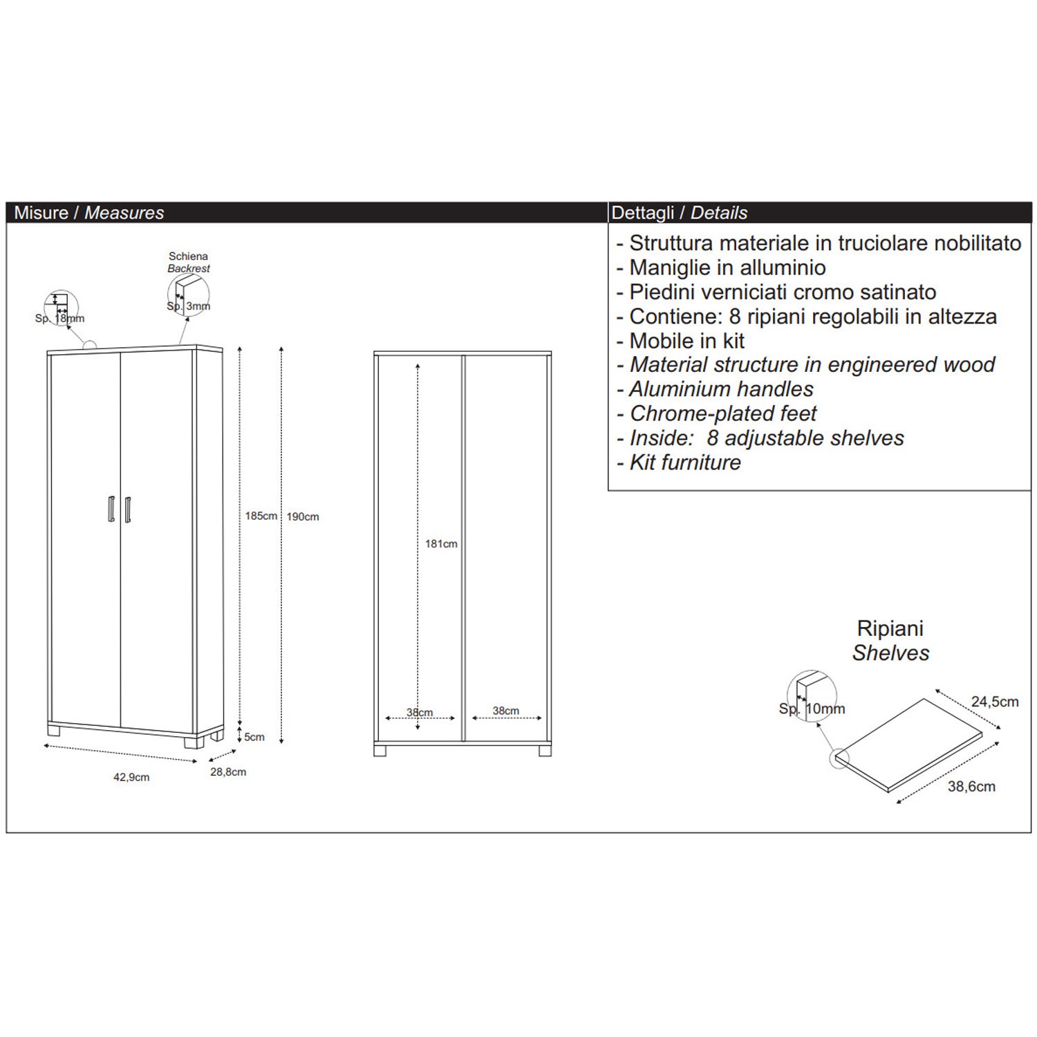 Armoire 2 portes 83 L x 29 P x h 190 – Finition orme clair – Sarmog - 3