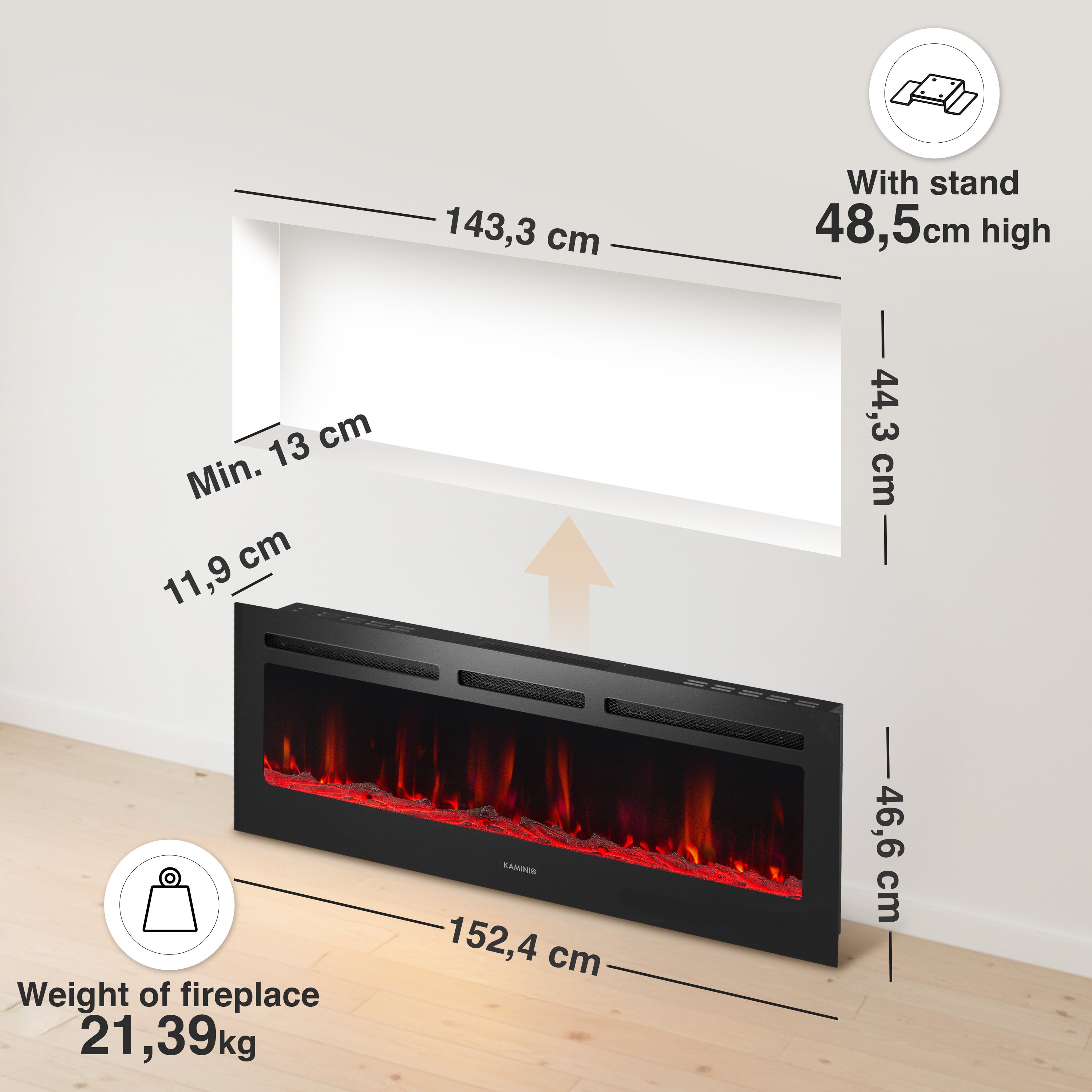 KAMINIO Cheminée électrique MARLON - Cheminée électrique 3 en 1 avec chauffage, effet flamme 3D, 12 couleurs de flamme, télécommande - 60 pouces - 6
