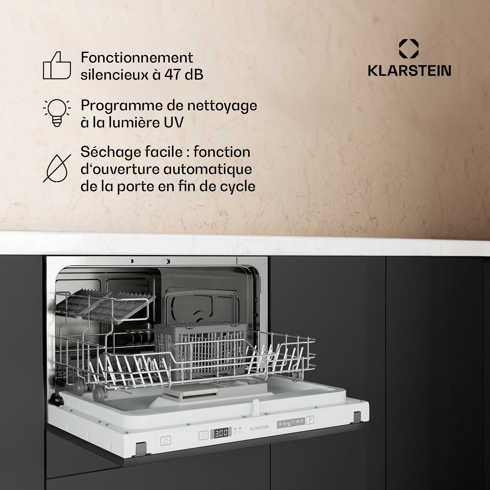 Klarstein Havasia UV 6 Secret Lave-vaisselle encastrable compact 6 couverts Lumière UV 6 programmes Noir - 3